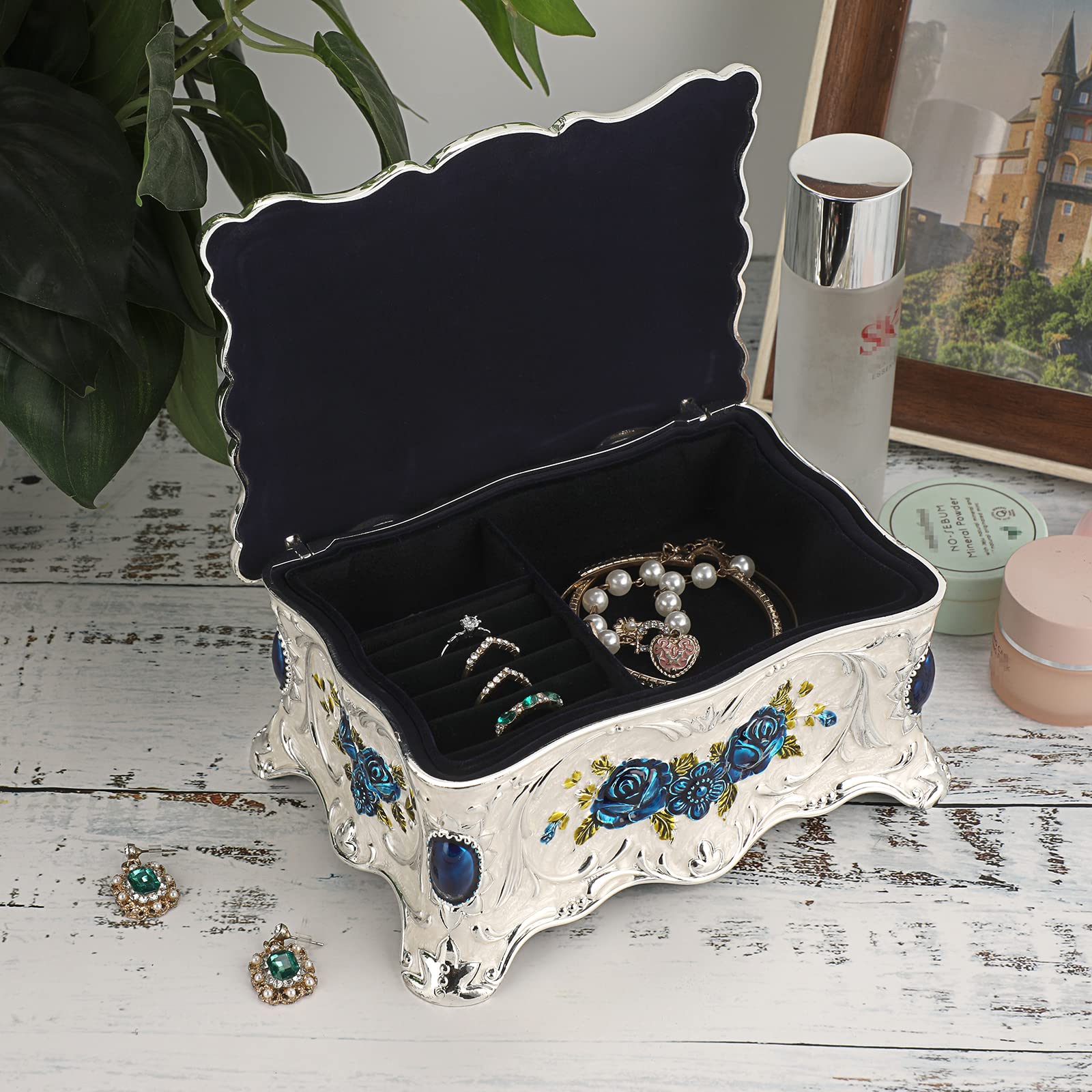 Joyero De Metal Vintage Con Flor De Rosa Antigua Tallada, Pequeña Caja Organizadora De Joyas, Aretes, Anillos, Collares, Pulseras, Soporte Para Almacenamiento, Caja De Recuerdos Para Niñas Y Mujeres