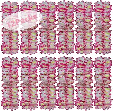 Leis for Luau Party, 12-Counts Hawaiian Necklaces for Tropical Bulk Flower Single Color Lei Set, Birthday Beach Party Orange Purple Pink White Accessories for Women Men 12Pieces-Pink