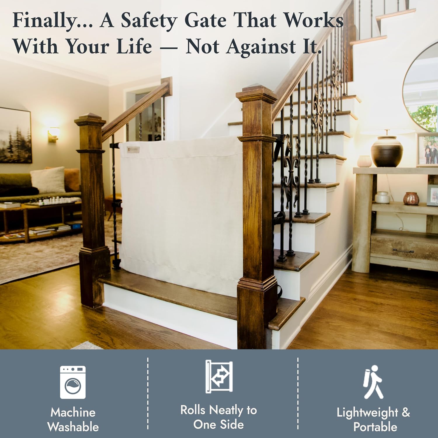 The Stair Barrier First Fabric Banister to Banister Baby Gates for Stairs 36”–42” Wide x 32” Tall– No Drill Baby Gate for Top or Bottom Staircase, Machine-Washable Climb Proof, Designed in USA, Beige