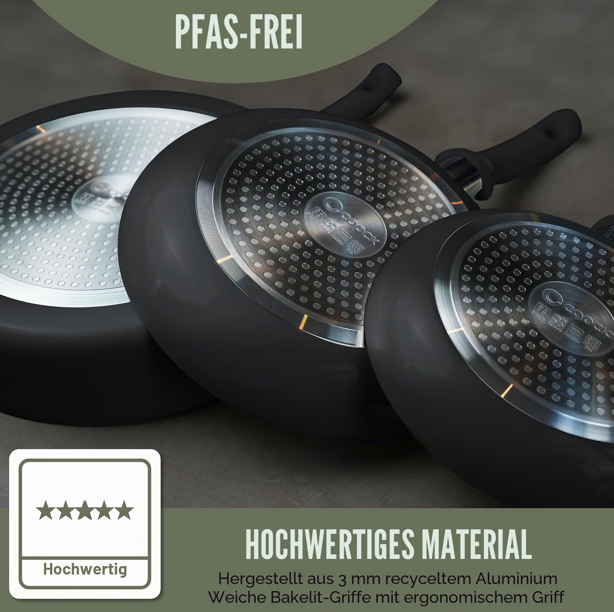 19-teiliges Induktions-Kochset – Premiumqualität – Recyceltes Aluminium, keramische Antihaftbeschichtung – Ergonomische Kaltgriffe – inkl. Untersetzer & E-Book (Schwarz)