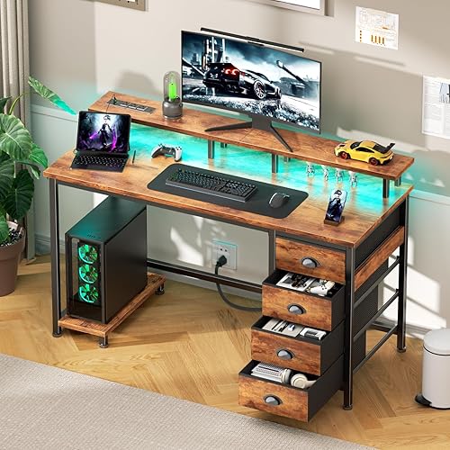 Miniatura 9 de Furologee Escritorio para computadora de 47 pulgadas con 4 cajones de tela y soporte para monitor, escritorio para juegos con tomas de corriente,