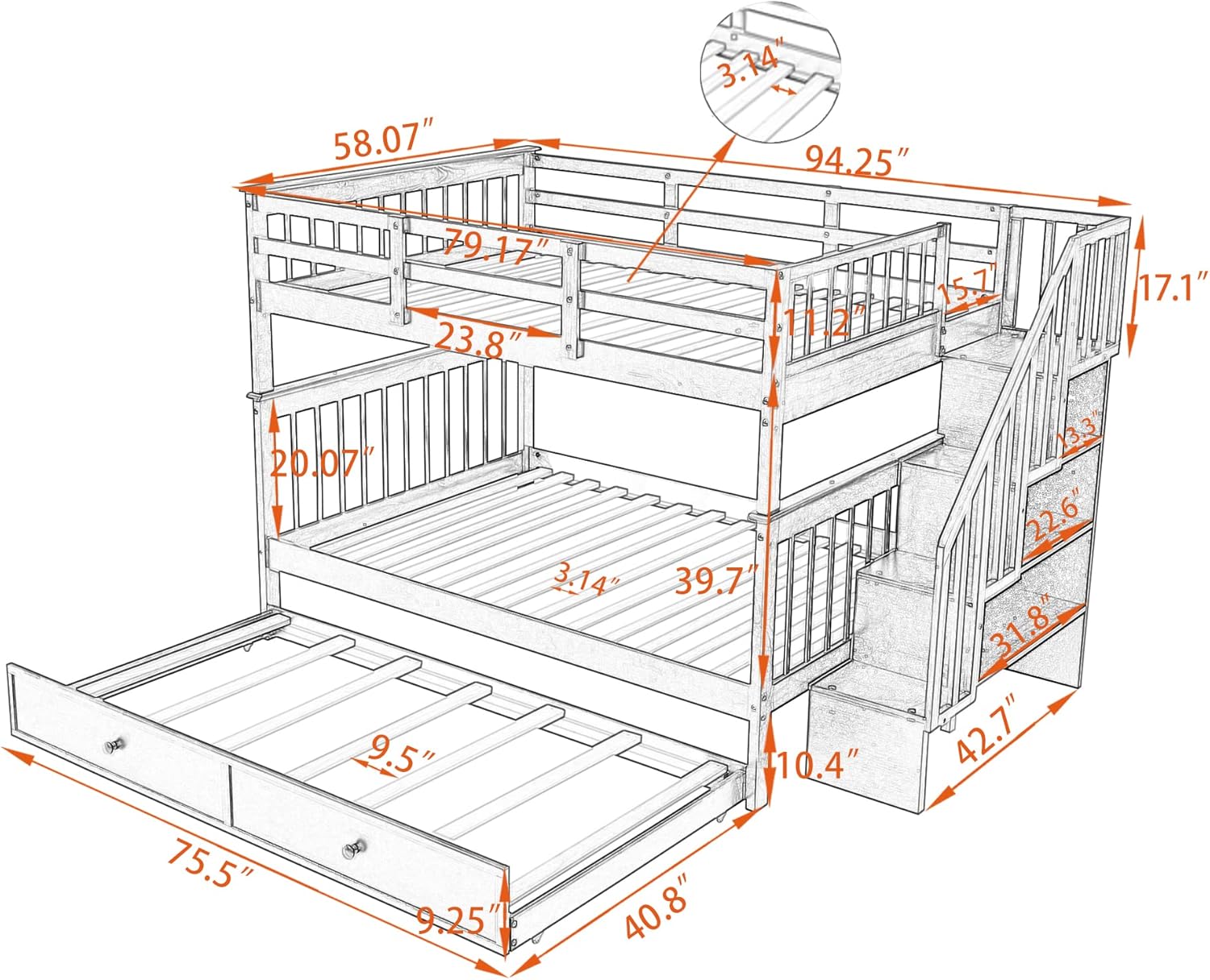 Voohek Bunk Beds Twin Over Full Size, Trundle Storage and Guard Rail for Kids, Bedroom, Dorm, Stairway, Espresso, with Storage Drawer and Shelf