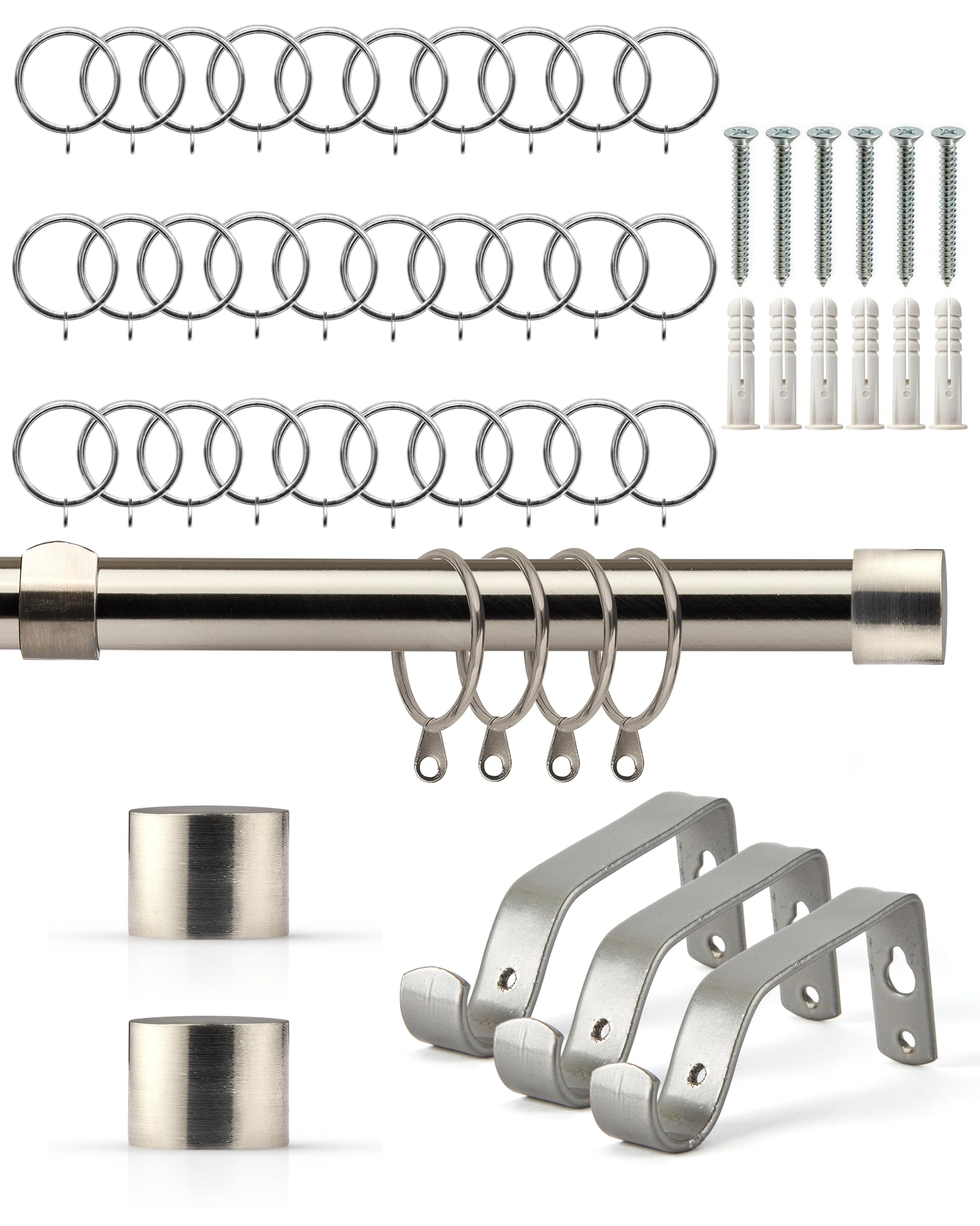 Emma Barclay Extendable Curtain Pole With Finials Rings Brackets & Fittings Sets 16-19mm in Brushed Silver Metal Curtain Poles For Eyelet Curtains Rod -Full Stop Collection 1.6m - 3m Brushed Silver