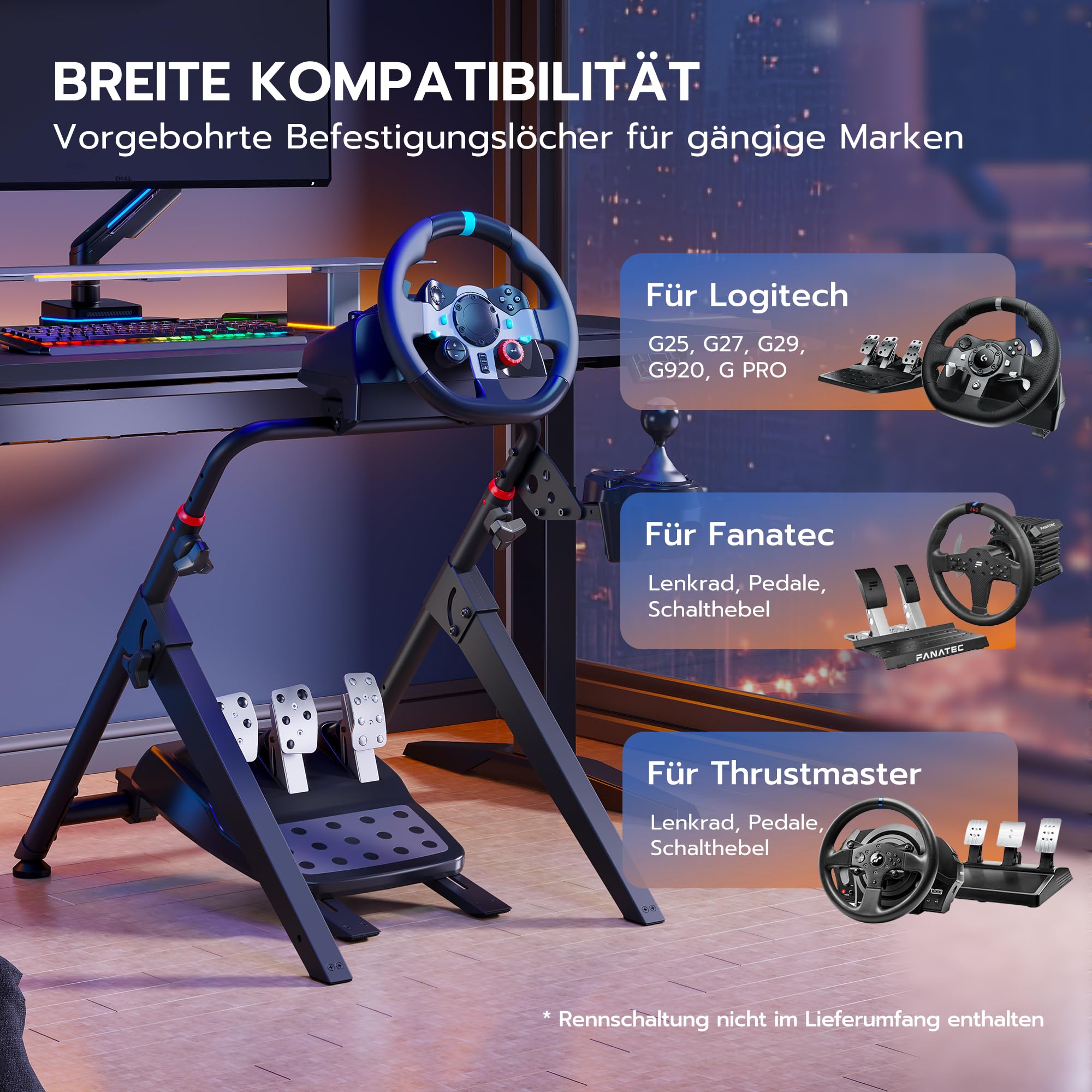 ARES WING Lenkradständer kompatibel mit Fanatec, Thrustmaster, Logitech, Moza, faltbares SIM Racing Cockpit für Lenkrad Gaming Wheel Stand, neigungsverstellbar für PS4 Xbox PC