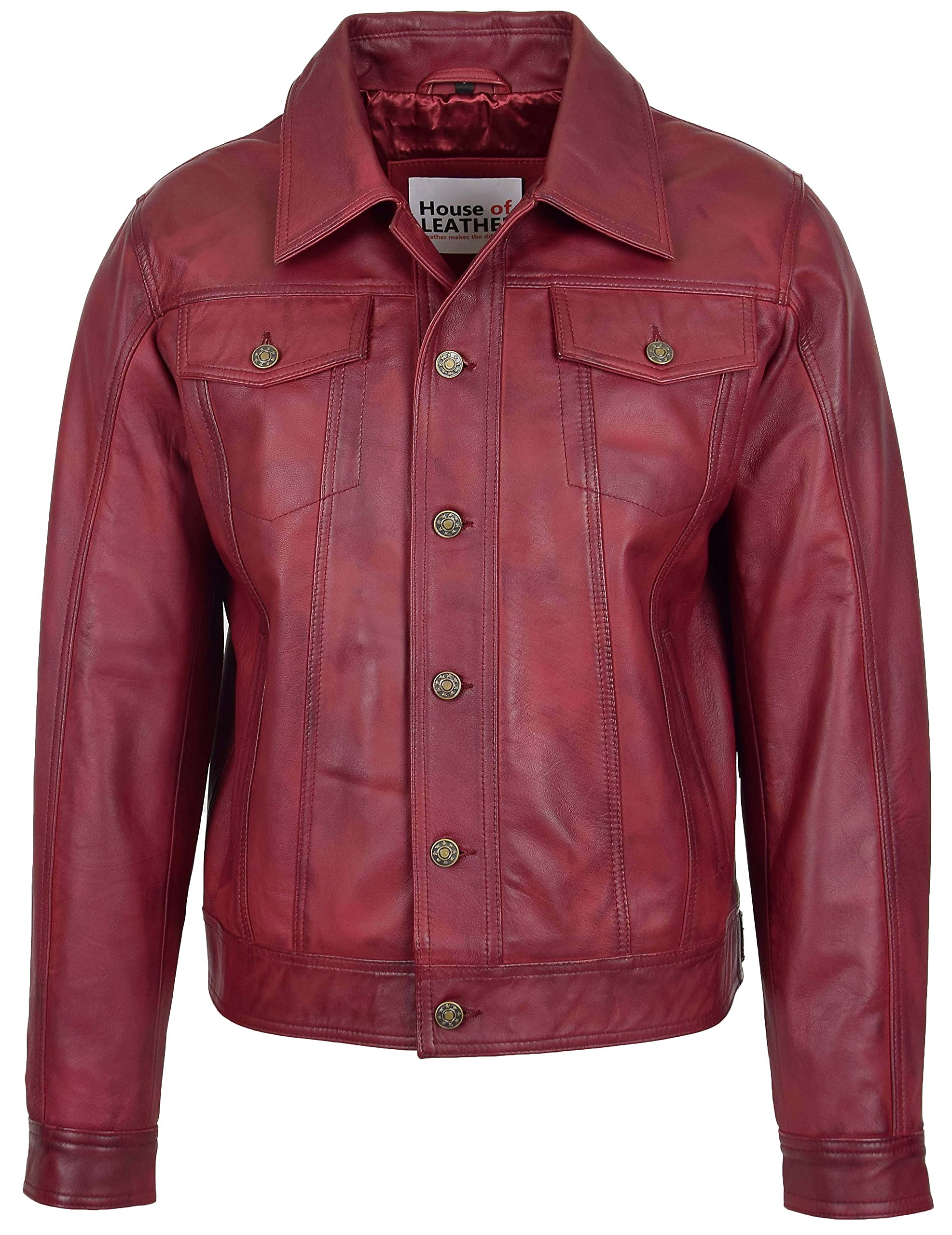 House Of Leather Men's Burgundy Real Leather Trucker Jacket Lee Rider Style Terry (Xl, )