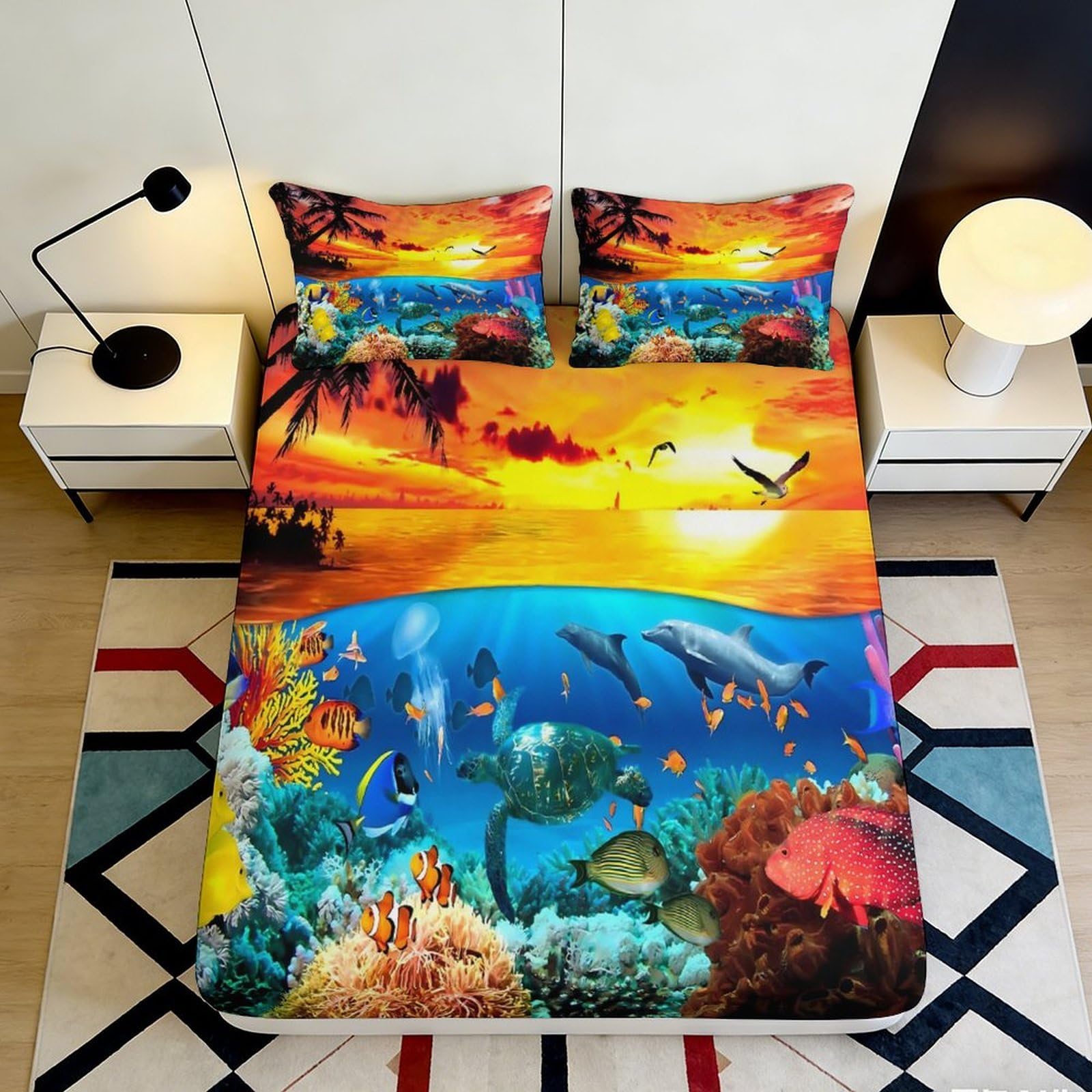 3D Printed Ocean Sunset Fitted Sheet Microfiber Soft Underwater Marine Life Mattress Cover for Bedroom Dorm Decor 90x200x25cm