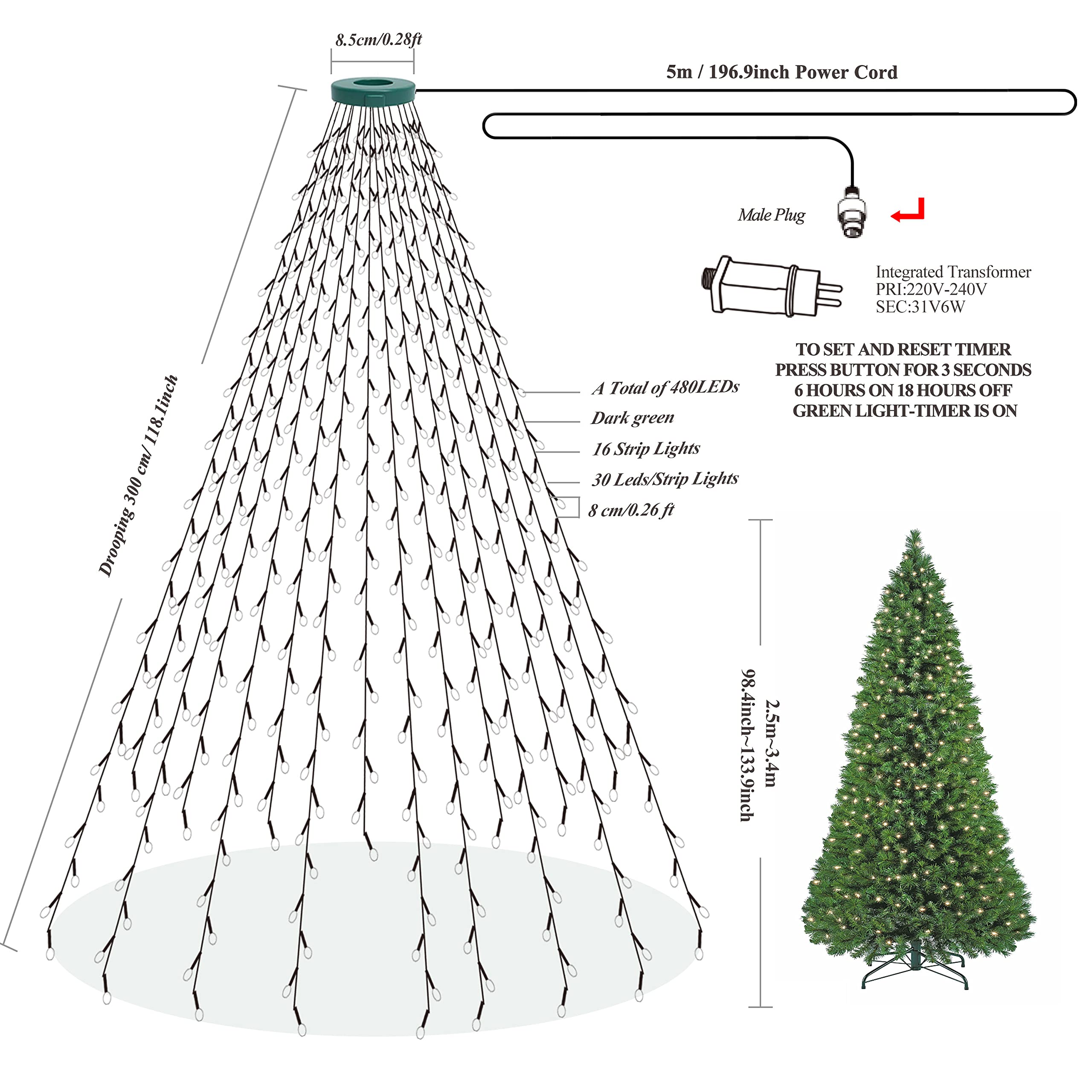 aneeway Catena Luminosa per Albero di Natale 16x3m 480LED Catena Luminosa Lucine Albero Interno e Esterno, per 2.5-3.4m Albero di Natale Luci Natalizie di Illuminazione a 8 Modalità,Colore