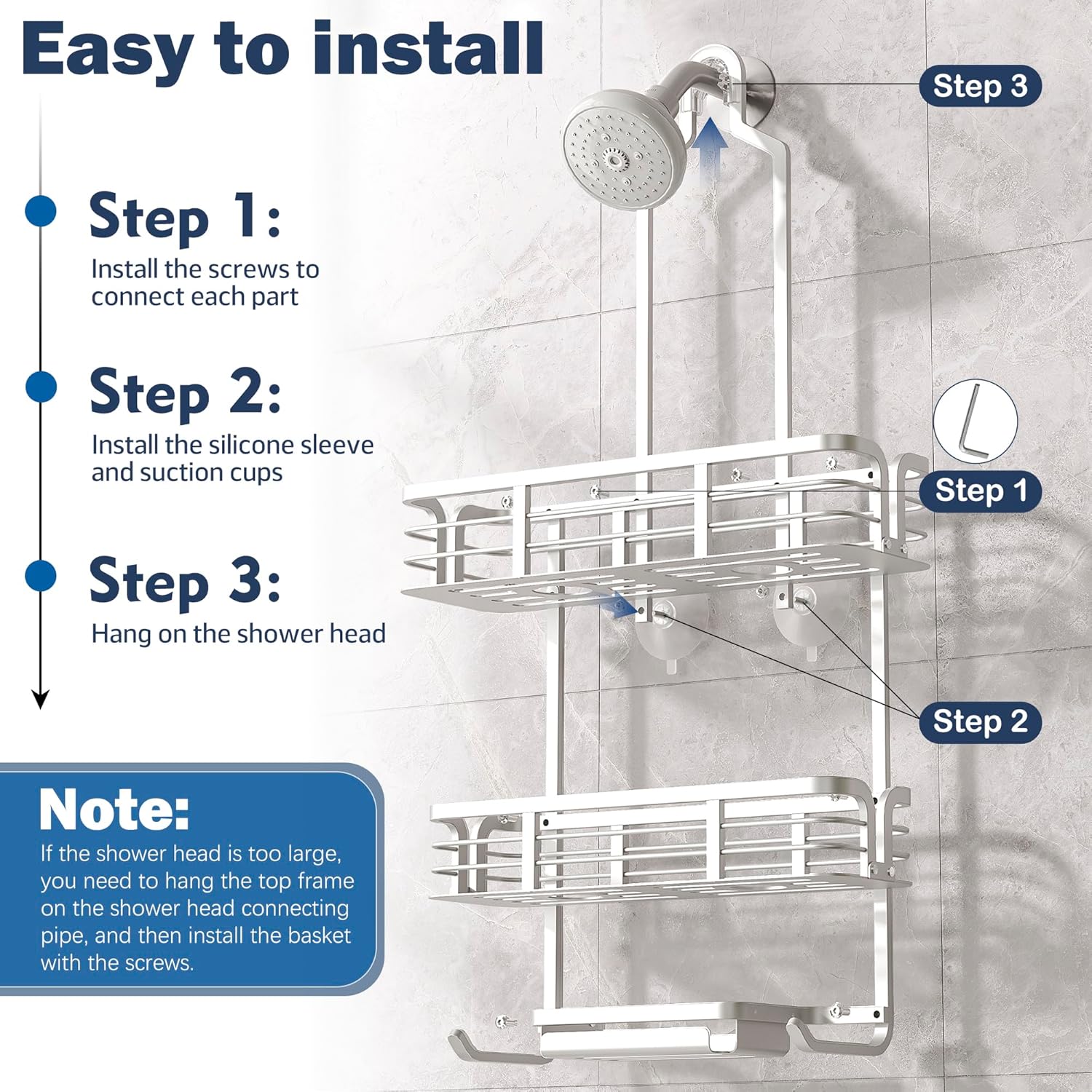 Shower Caddy Hanging, Never Rust Aluminum Shower Organizer, Over Showerhead No Drilling Shower Racks, with Soap Holder Multi Hooks Bathroom Storage for Shampoo Sponge,Silvery