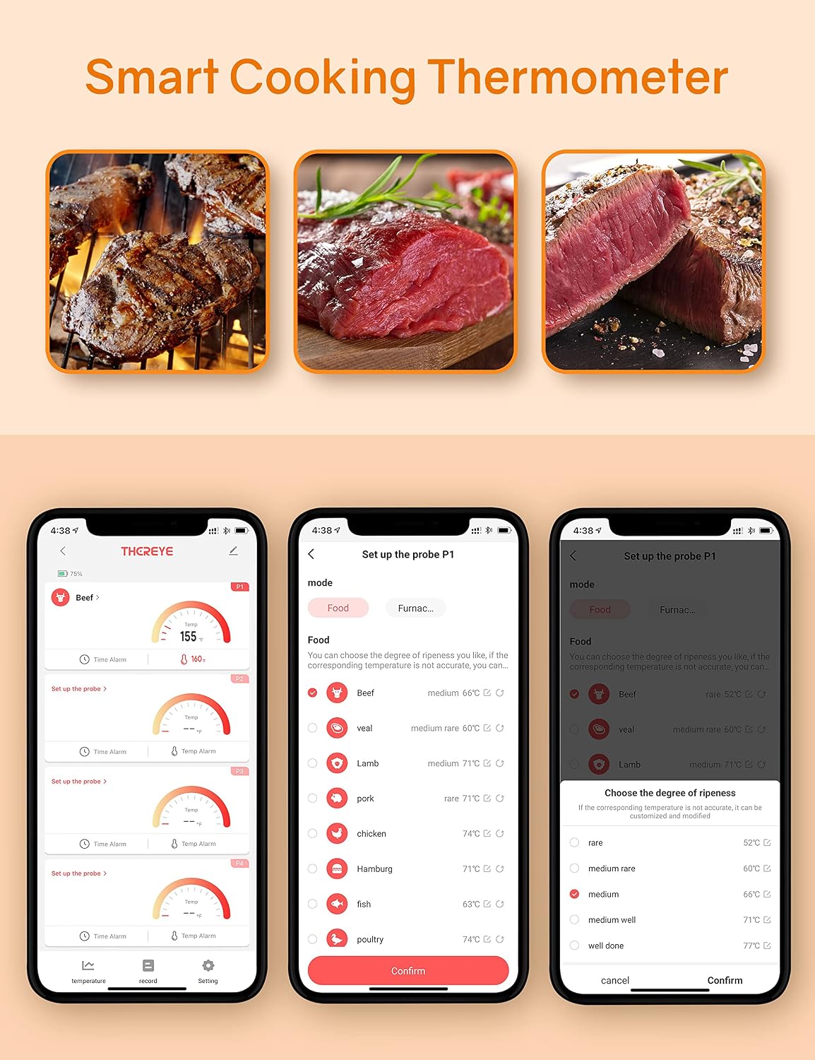 Meat Thermometer, Thereye Wireless Bluetooth Meat Thermometer Digital with 4 Probes, Remote Smart Meat Thermometer 393ft, Instant Read Grill Thermometer Alert & Timer for Cooking BBQ Kitchen Oven Food