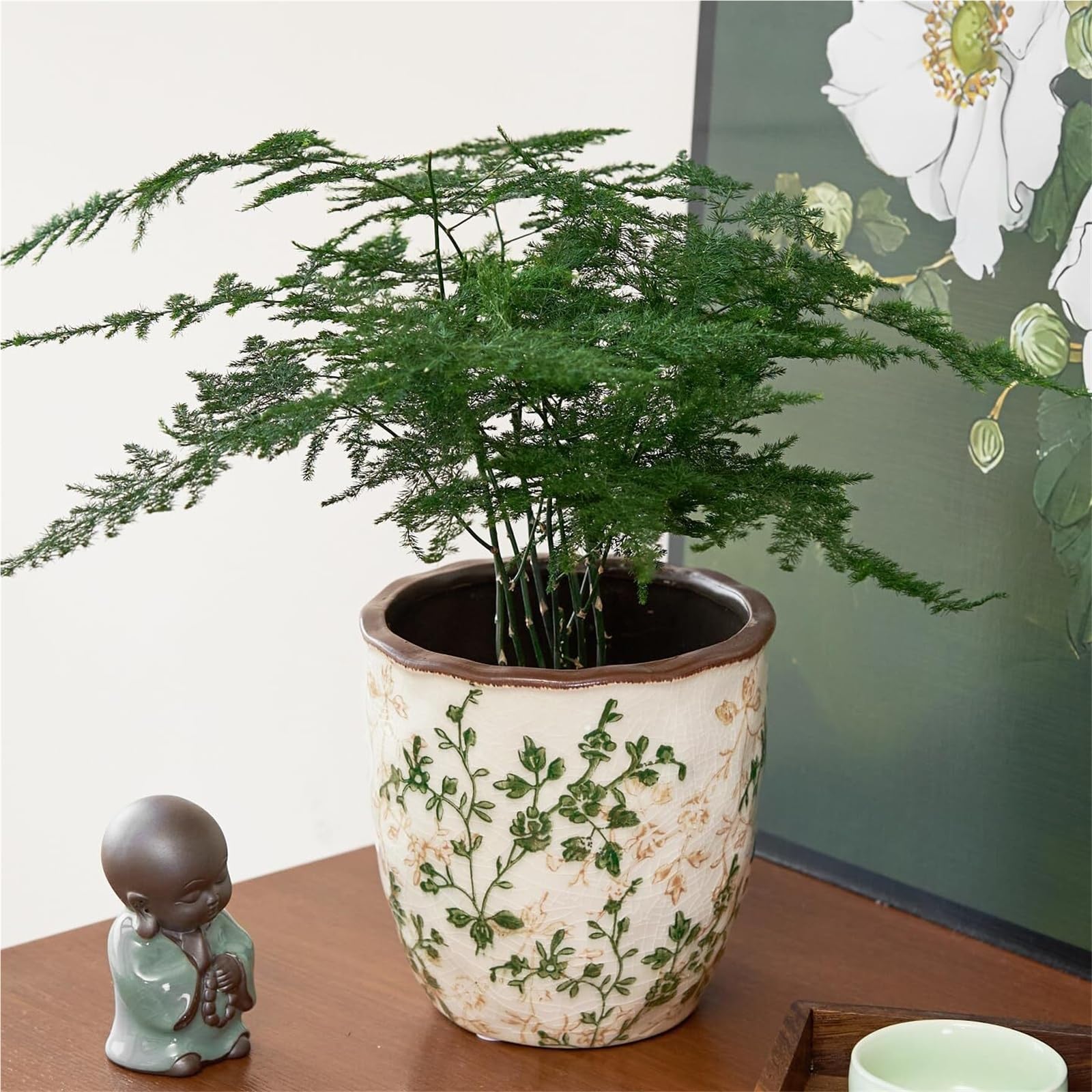 Doniczki na rośliny w stylu vintage, ceramiczne donice do roślin pokojowych i sukulentów, popękane, glazurowane, zielone wiosna dekoracja (M)