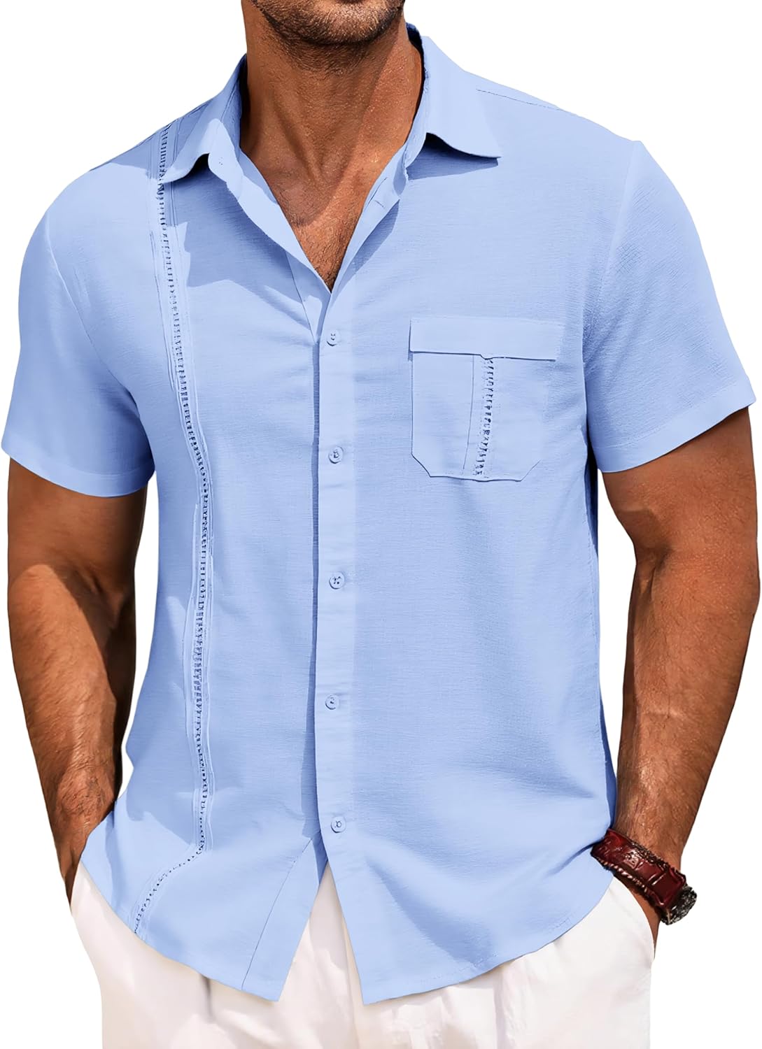 Runcati Mens Cuban Guayabera Shirts Button Down Short Sleeve Shirt Casual Mexican Summer Beach Wedding Tops with Pocket