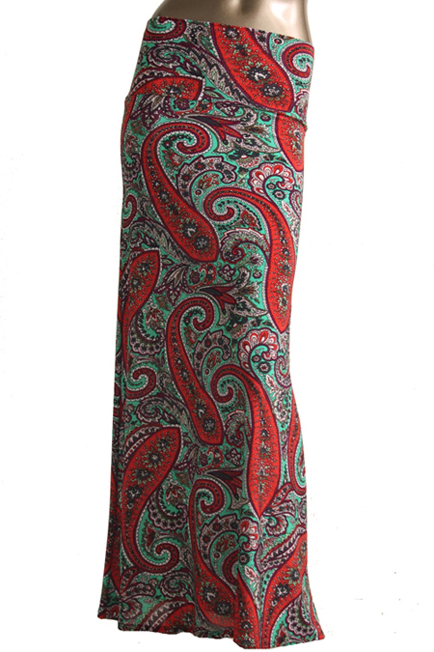 TrendzArt¨ Paisley/Floral Print Maxi Skirt (Small, Coral & Turquoise)