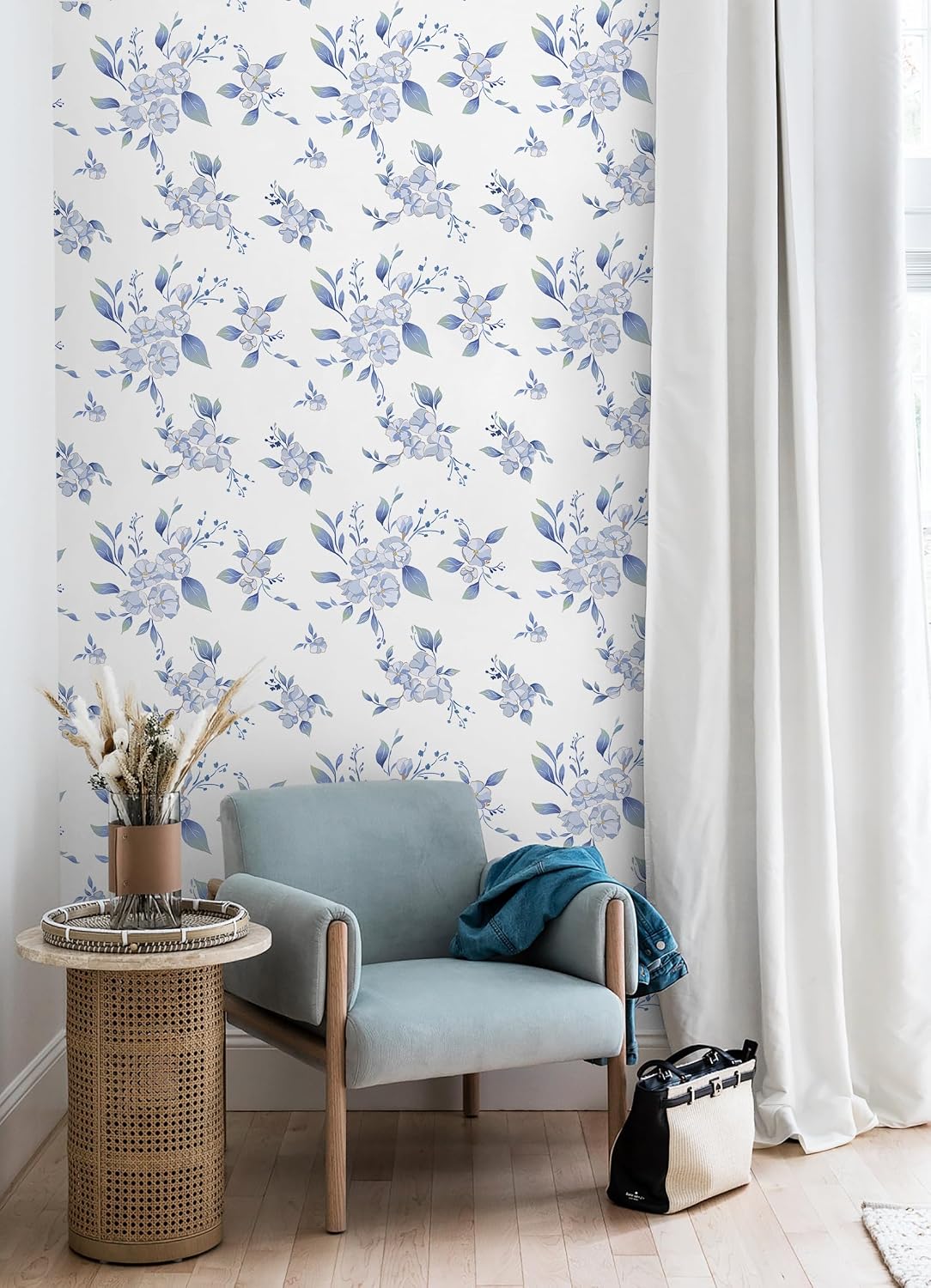 GloryTik Peel and Stick Wallpaper Floral Blue and White Wallpaper Removable Self-Adhesive Wall Paper Modern Contact Paper for Cabinets Bedroom Bathroom Vinyl 17.3"x78.7"