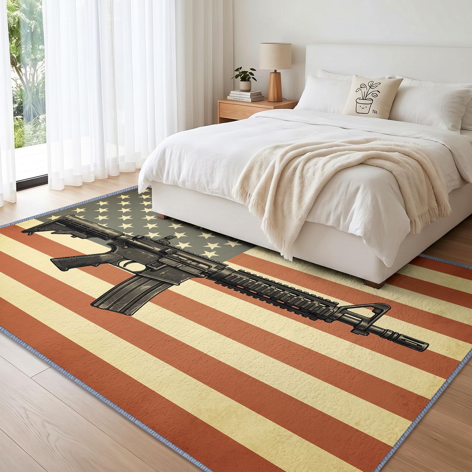 Drapeau Étoilé Fusil Assaut Moderne Tapis Salon Antidérapant 180x240cm