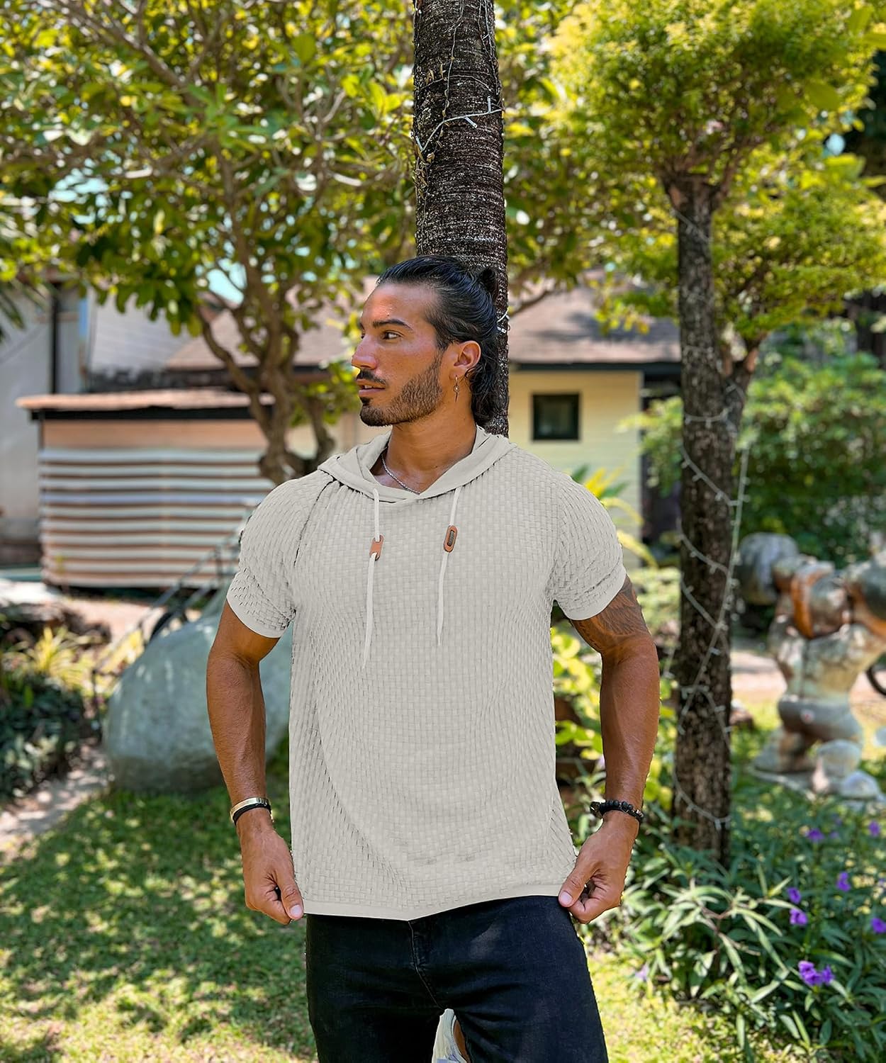 Zaitun Men's Short Sleeve Hoodie Shirt Casual Waffle Knitted Pullover Sweater