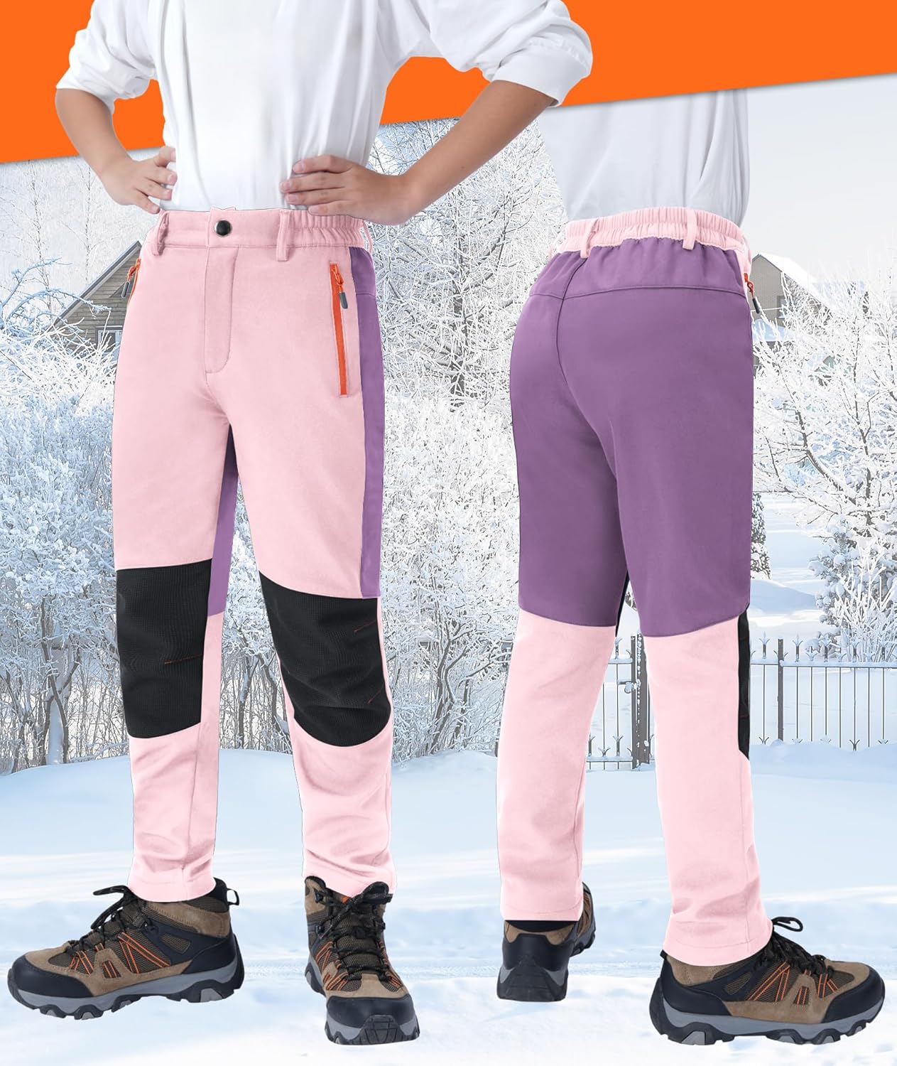Boys Snow Pants Kids Fleece Lined Thermal Winter Hiking Pants Waterproof Softshell Elastic Waist Outdoor Cold Weather