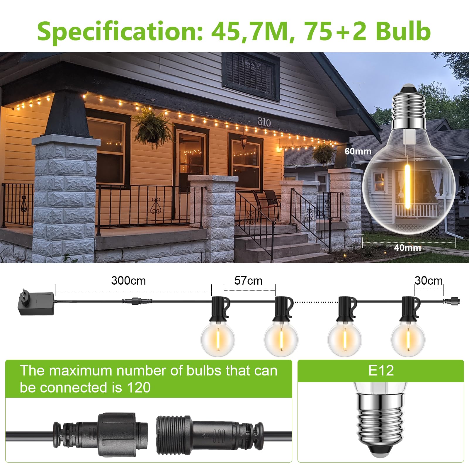 BokiHuk Luci da Esterno 45M, 24V G40 Catena Lampadine Esterno con 75+2 Lampadine, Lmpermeabile Catena Luminosa per Terrazza Giardino Festa Matrimonio, Natale, Gazebo