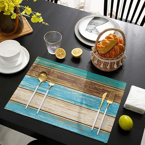 Miniatura 4 de PIEPLE Vintage Gradient Summer Teal Green Brown Farmhouse Wood Grain Placemats for Dinning Table Set of 6 Waterproof Cloth Table Mats Cotton Linen