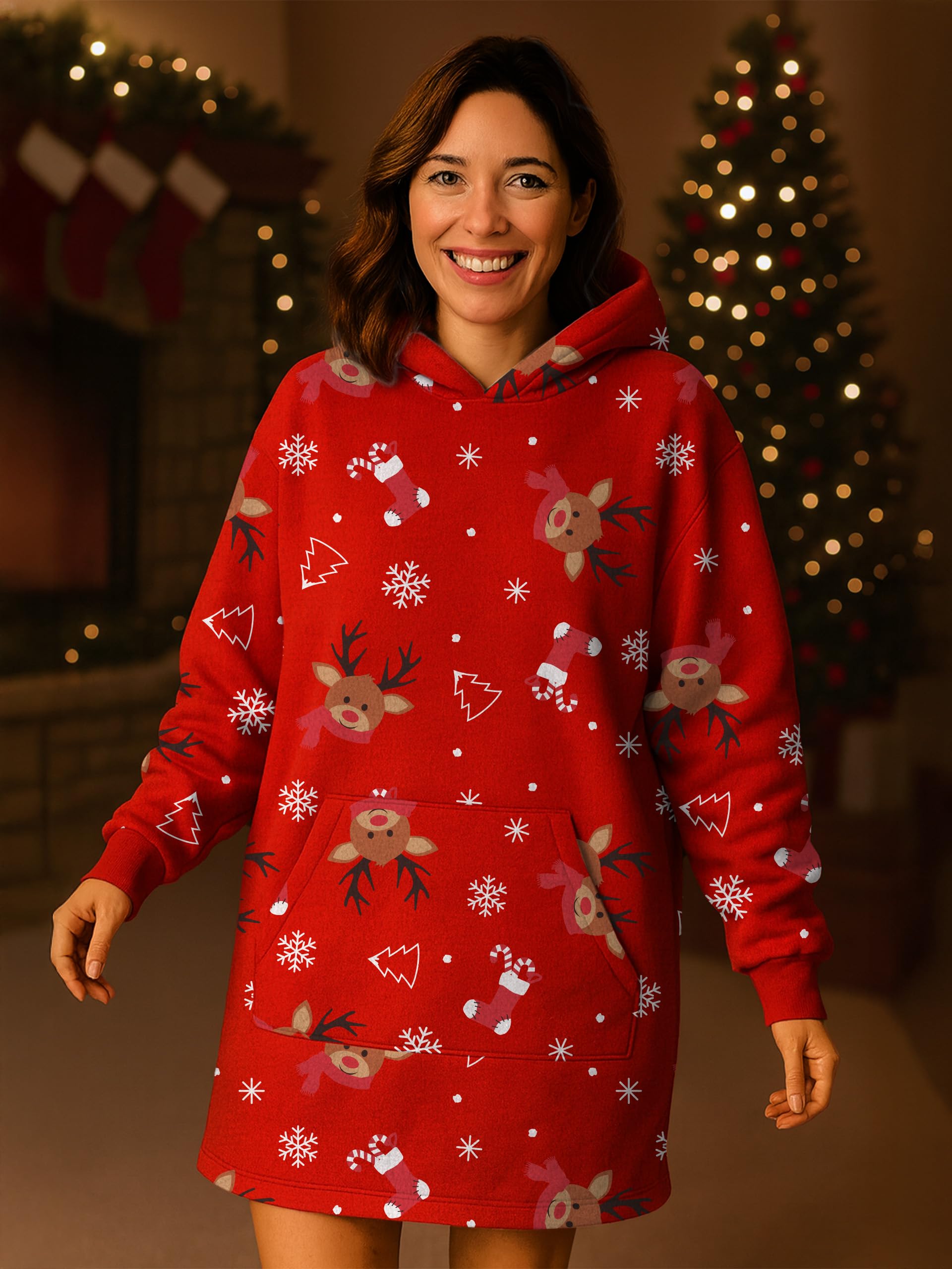 United Labels X-Mas Oversize Cozy Hoodie dla kobiet - renifer ponadwymiarowy damski sweter do przytulania puszysty sweter koc, czerwony