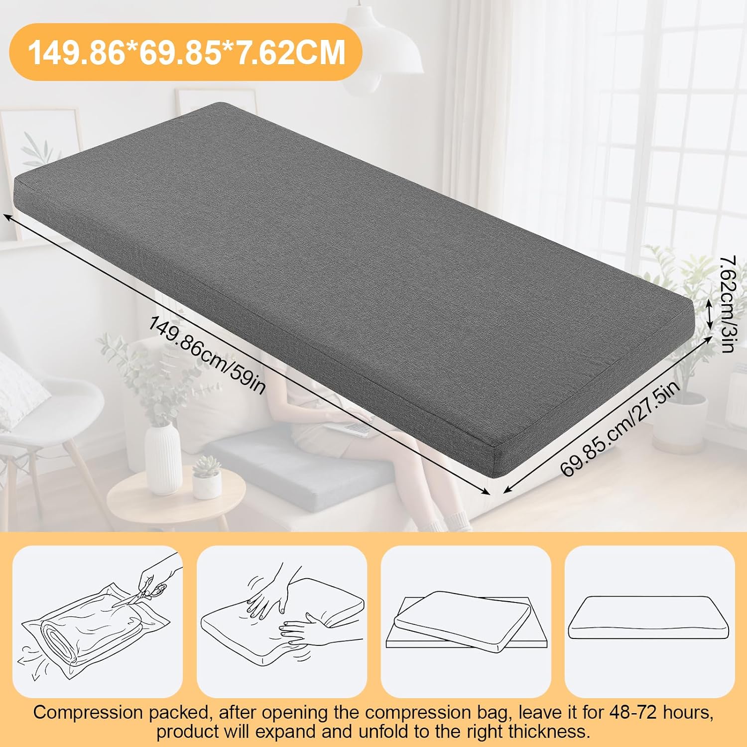 3 Inch Sofa Topper Pad for couch cushions, 59" x 27.5" ，white Core