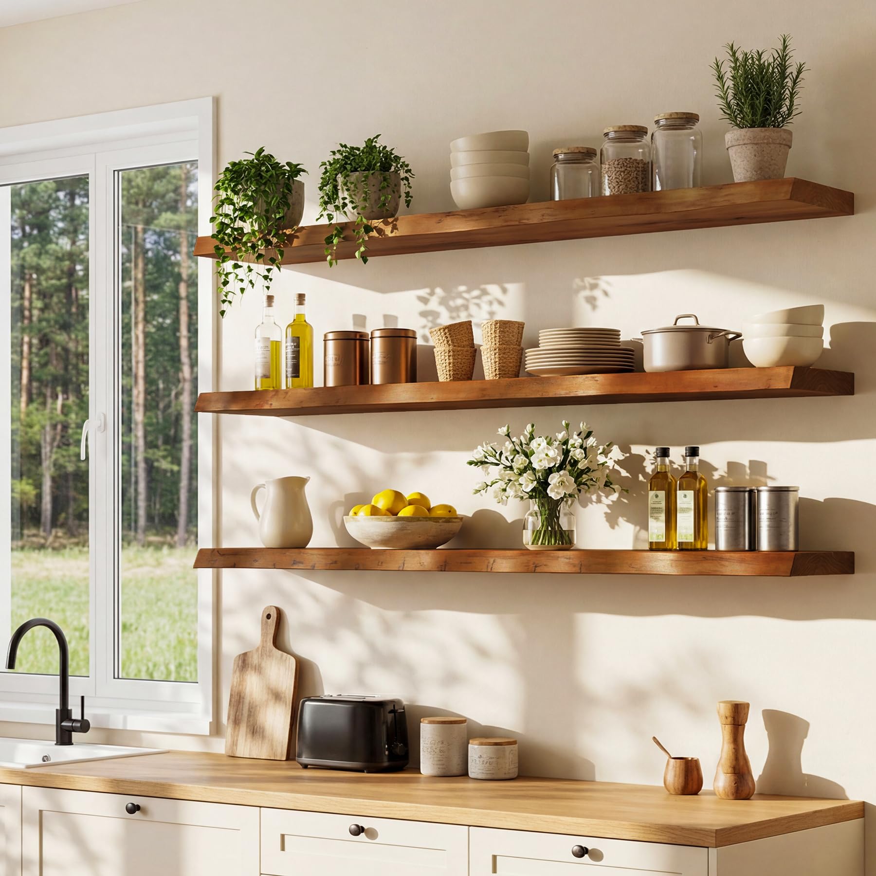 Estantes de Pared flotantes de Madera Maciza (120 cm, Juego de 3): estantes flotantes para Especias, Cocina y baño, Aptos para salón, Dormitorio, Cocina y baño