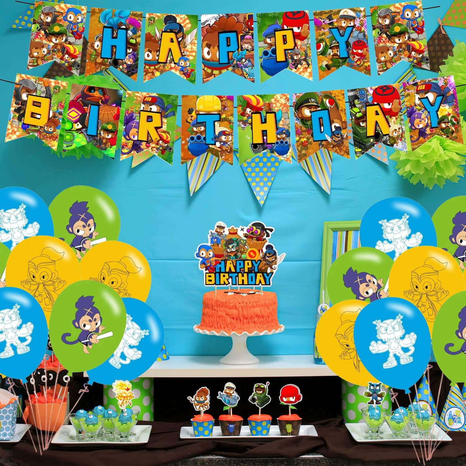 Bloons TD 6 Birthday Party Decorations, Bloons TD Video Game Party Supplies set with Happy Birthday Banner, Cake Cupcake Toppers, Balloons for Fans Adults Party Decorations