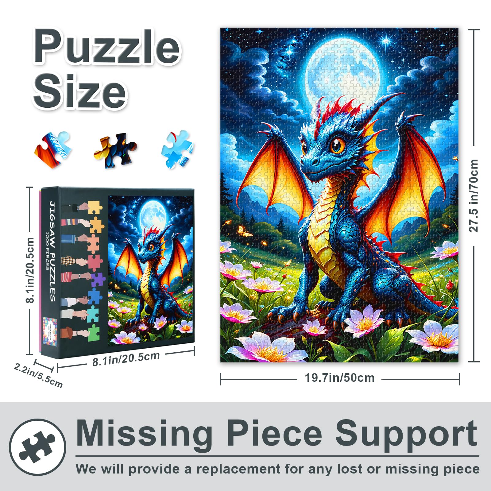 Dragon Jigsaw Puzzles 1000 Pieces for Adults Dragon Cubs is Under the Full Moon Fun Jigsaw Puzzle Challenge Impossible Puzzle for Adults Kit - Image 3