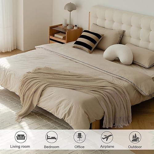 Miniatura 3 de lifein Manta de otoño para sofá, suave y bohemia, acogedora manta de felpilla de punto beige, manta ligera de granja pequeña para otoño, mujer,