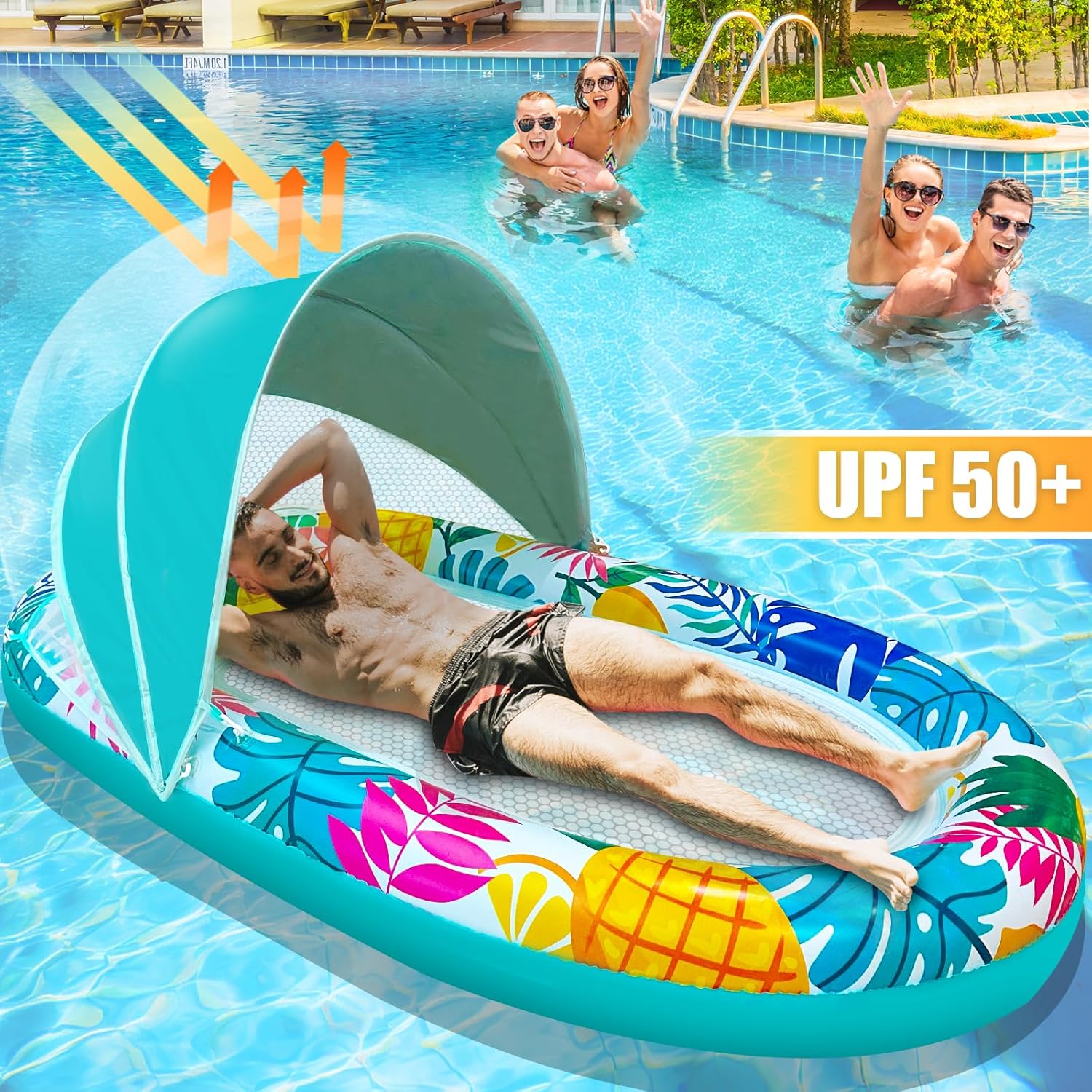 [Extra Large] Pool Floats Lounger Adult with Canopy, 70"x37" Inflatable Tanning Sofa Pool Floats with Headrest Adjustable Sun Shade Floats Hawaiian Luau Swimming Raft Floating for Lake, Beach, Party