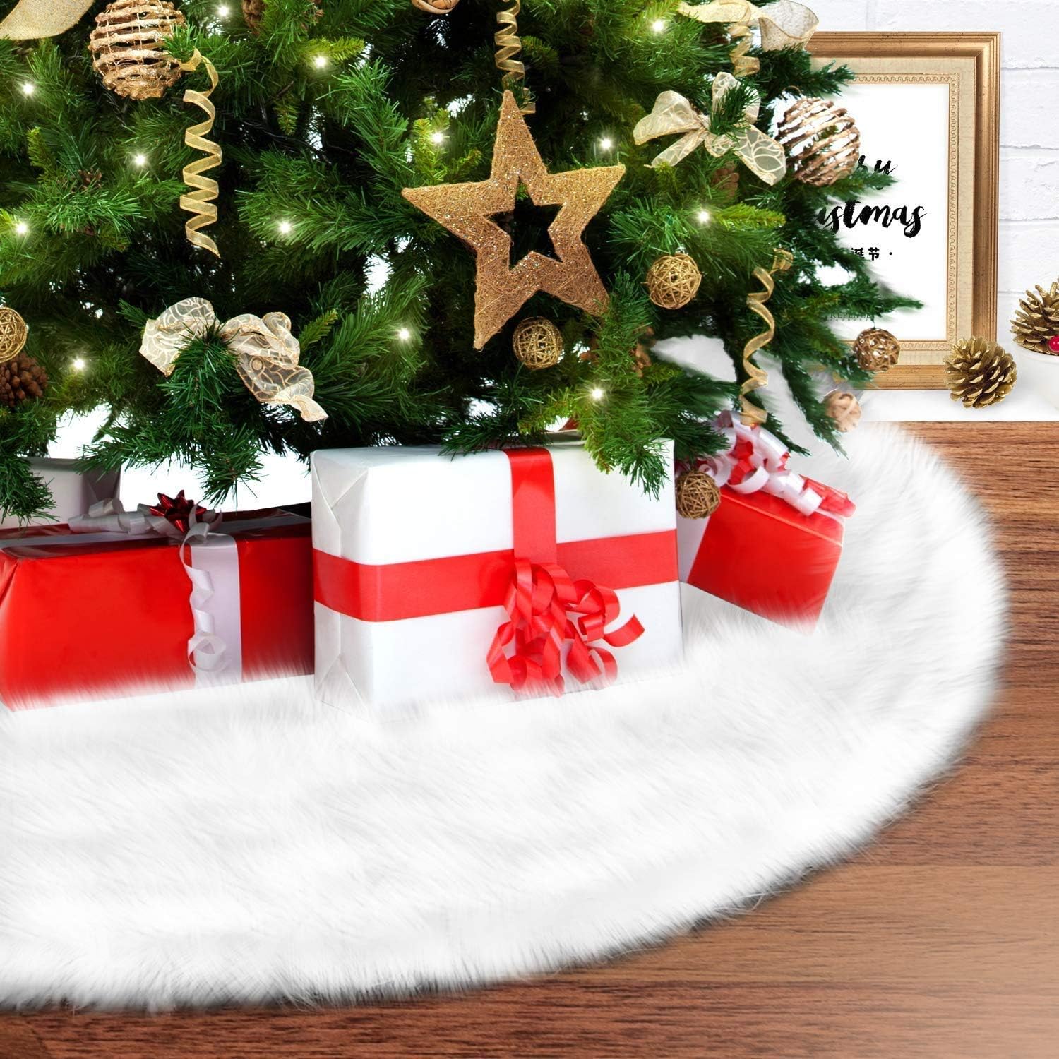 White Christmas Tree Skirt, Ohuhu Tree Skirts Christmas Decorations Handmade Mat for Home Holiday Party Xmas Trees Ornaments Decor (Faux Fur, White)