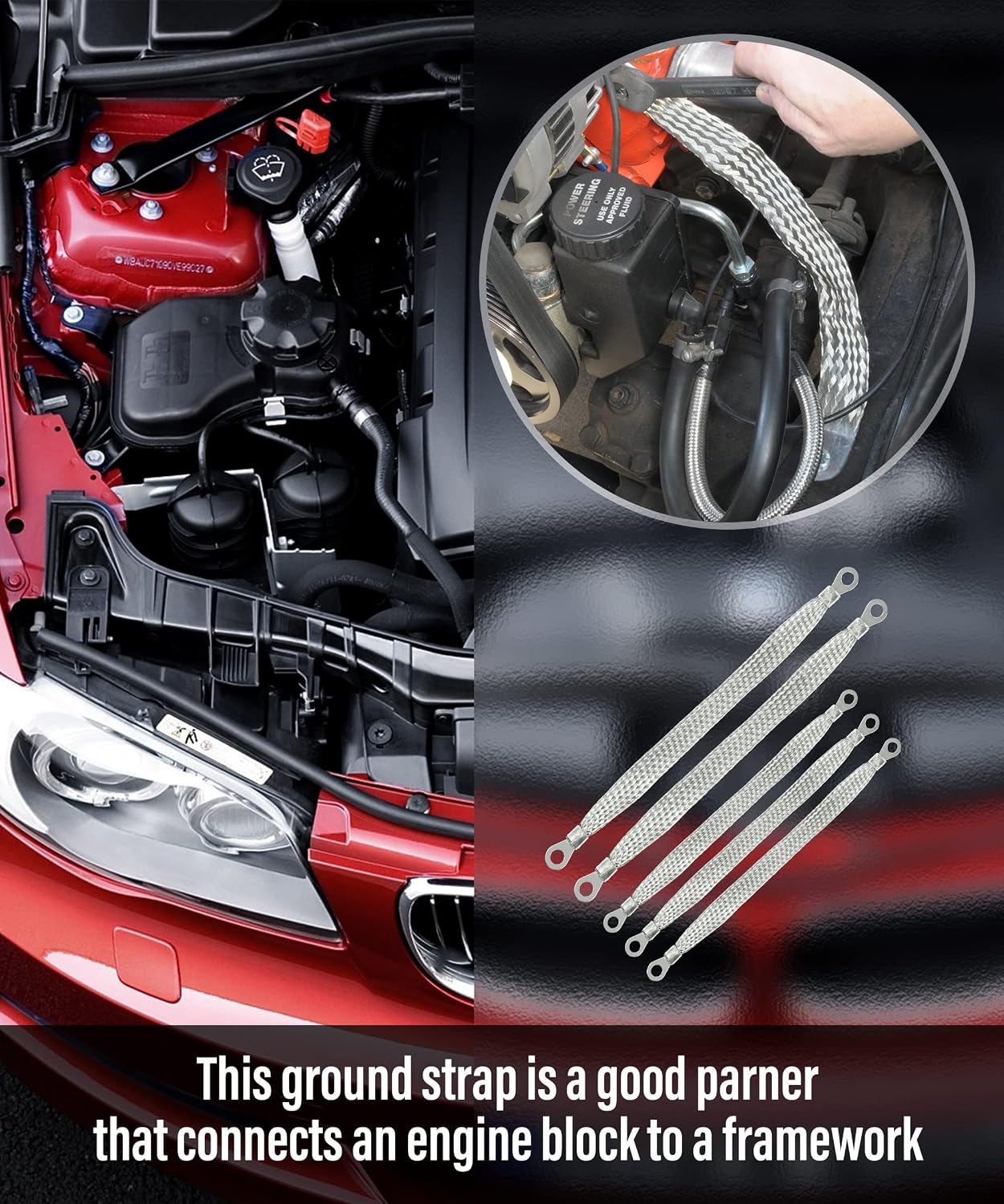Zlirfy Automotive Ground Strap Kit - Universal Flat Braided Copper Strap, 3PCS 10" x 1/2" and 2PCS 13" x 1/2" Car Ground Cable Straps
