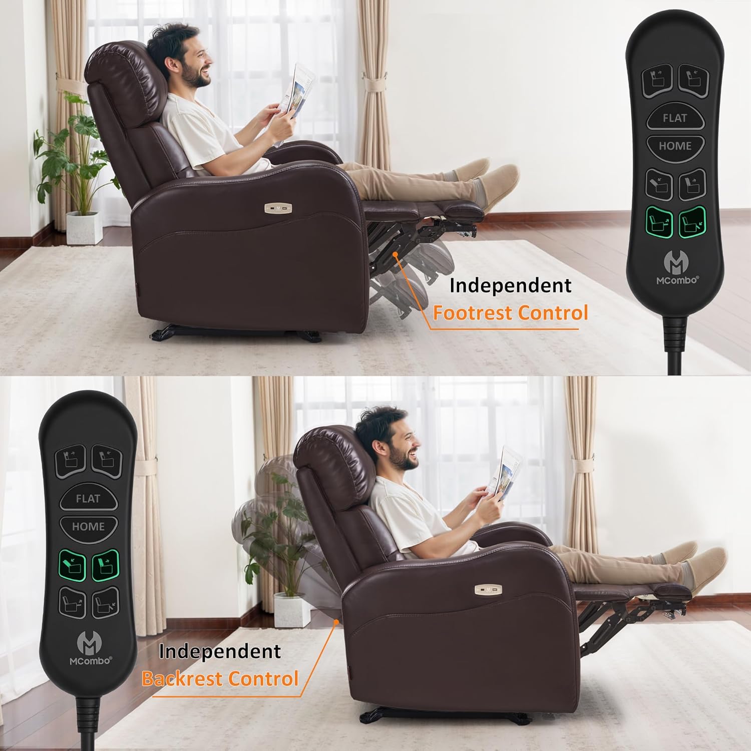 MCombo Triple Motor Power Rocker Recliner with Adjustable Headrest, FSC Certified Oversized Leather Recliner Chair for Living Room Nursery, Infinite Position, USB & Type-C, 6277 (Dark Brown)
