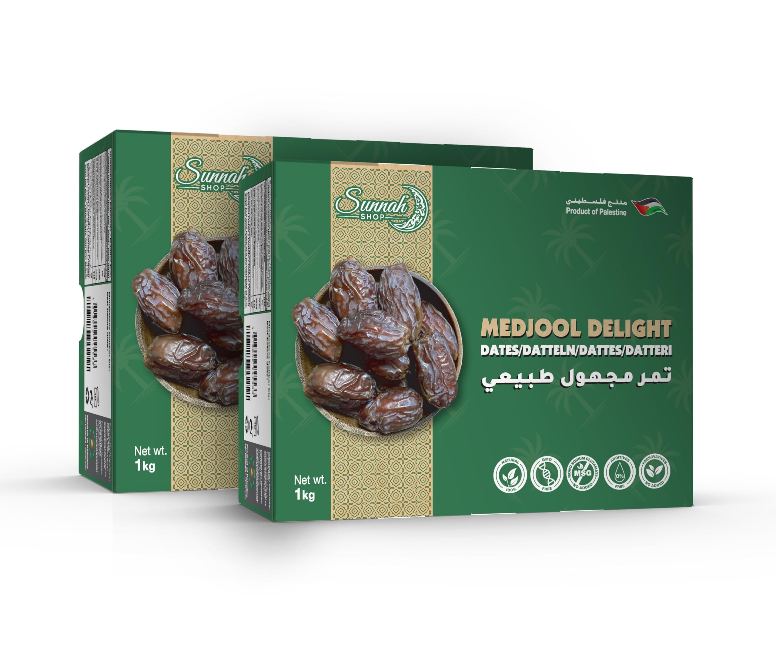 Sunnah Shop Jumbo Medjool daktyle z Palestyny, 2 x 1 kg, Medjoul Daty Delight, daktyle królewskie, świeże zbiory, wyjątkowy smak karmelu, 100% naturalny, bez dodatków