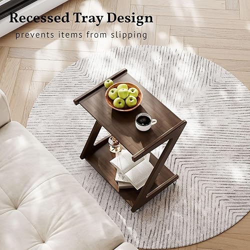 Miniatura 5 de ZIYOO Mesa auxiliar en forma de Z con ruedas, mesa auxiliar de bambú que se desliza debajo del sofácama, mesa móvil de aperitivos para sala de