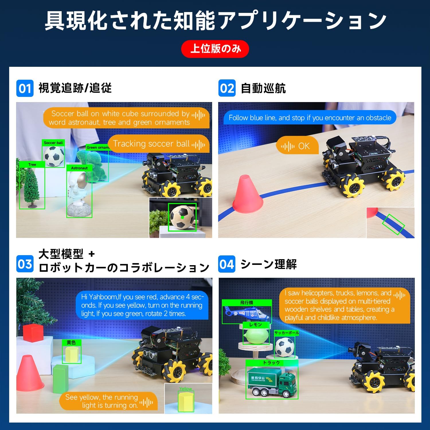 Screenshots demonstrating various AI vision applications like visual tracking, autonomous navigation, and object recognition