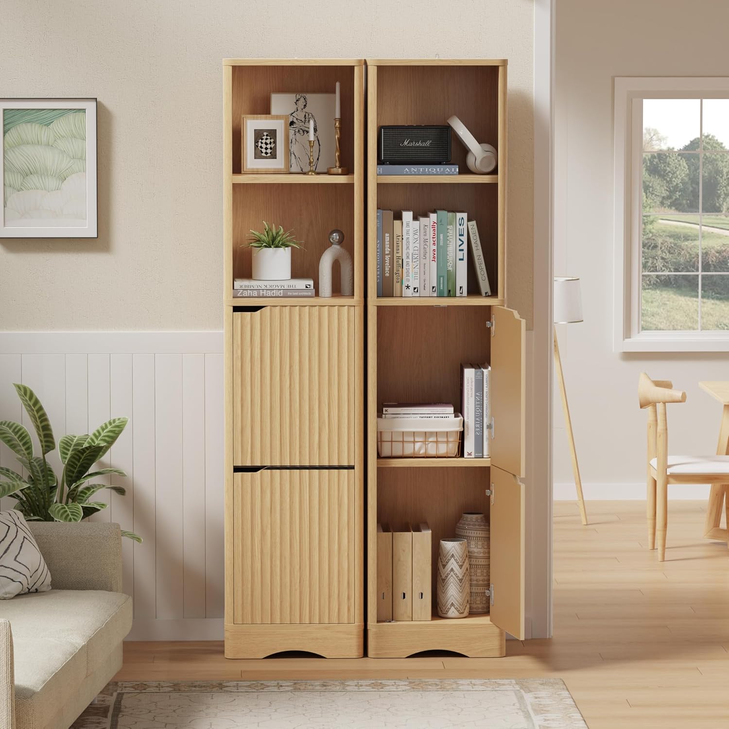 67" Tall Bathroom Organizer and Storage, Narrow Storage Cabinet with 2 Doors and 4 Shelves, Freestanding Floor Storage Unit,15.7" W x 11.8" D x 66.9" H, Nature