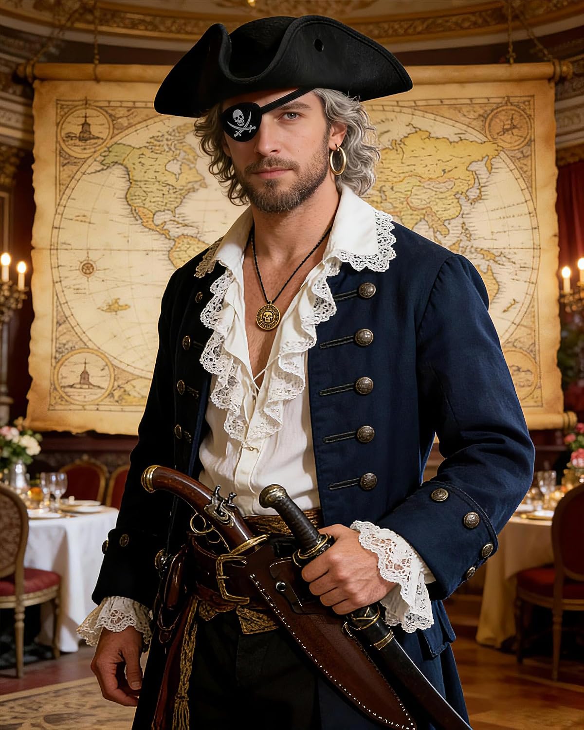 Black Pirate Hat Costume Set Tricorn Hat & Accessories Men women
