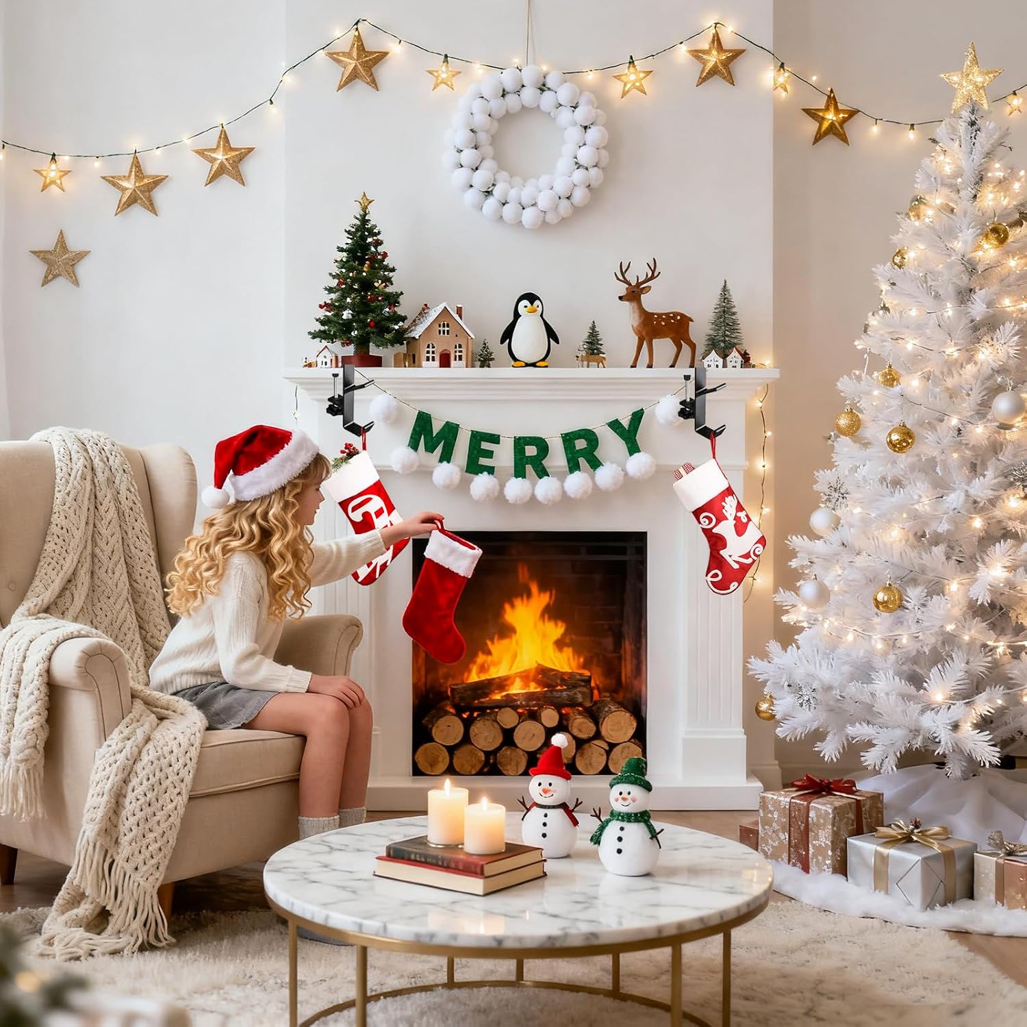 KISOY Fireplace Stocking Holder, Christmas Mantle Garland Hanger, Mantel Hook for Holiday Decorations,Adjustable Fireplace Stocking and Garland Hanger (Branch-Style, 4)