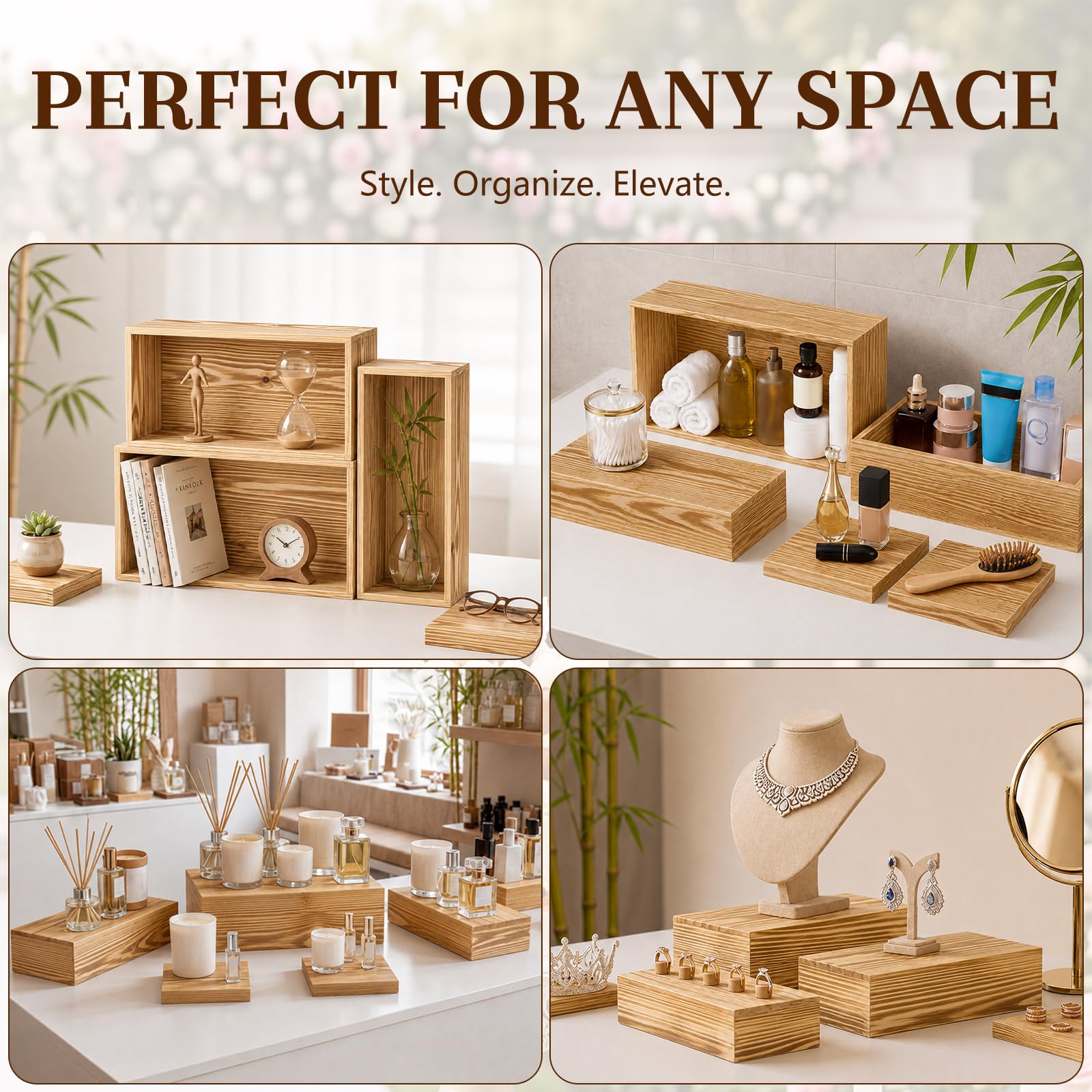 Leinuosen Juego de 5 elevadores de buffet extragrandes, caja de exhibición rectangular de madera, para catering, postre, mesa, soporte decorativo con fondo hueco para catering (madera clara)