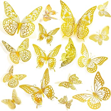 JOSDIOX 3D Gold Butterfly Wall Stickers - 72 Pcs with 4 Styles & 3 Sizes, Removable Decor for Party Birthday Wedding Cake Balloon Decoration 72 Gold