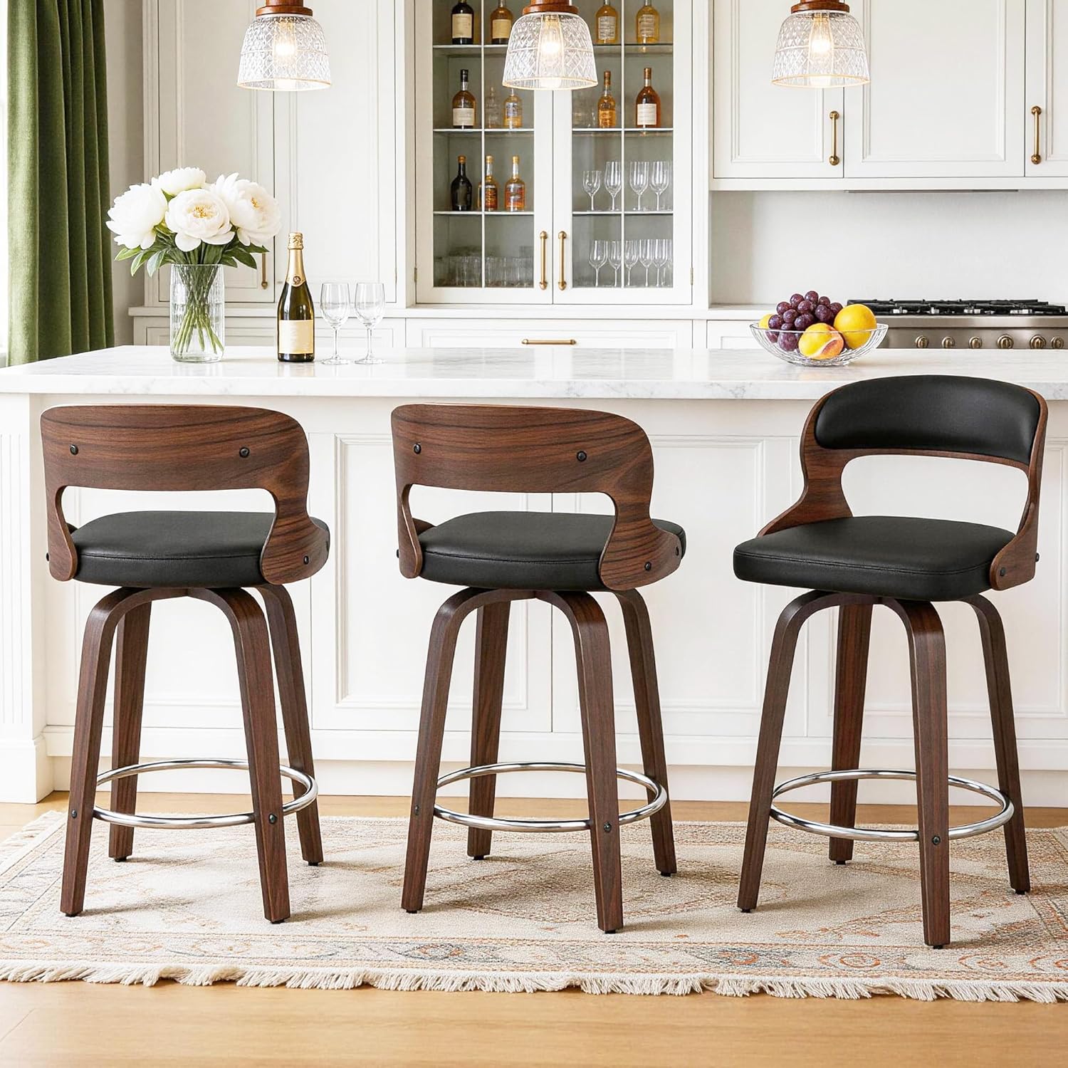 Swivel Bar Stools Set of 4, 26" Counter Height Bar Stools, Mid-Century Modern PU Leather Modern Island Chairs with Back and Footrest, for Kitchen, Bar, Restaurant, Cafe (Black)