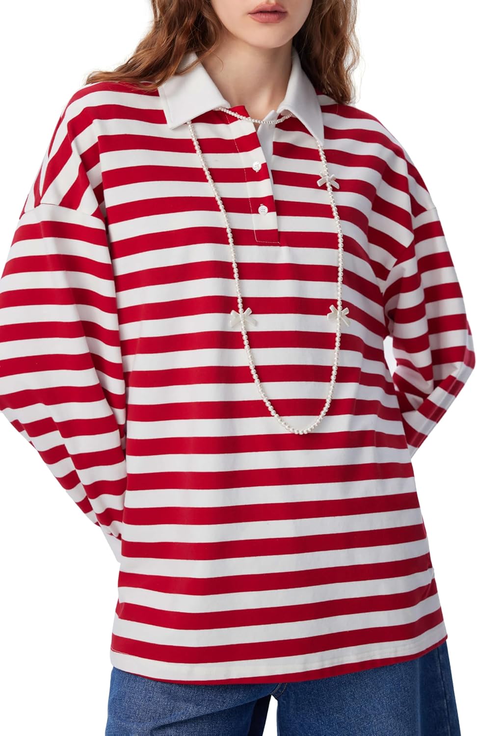 CIDER Women's Striped Polo Sweatshirt Long Sleeve Y2k Rugby Shirts Casual Oversized Pullover Vintage Fall Streetwear - Image 3