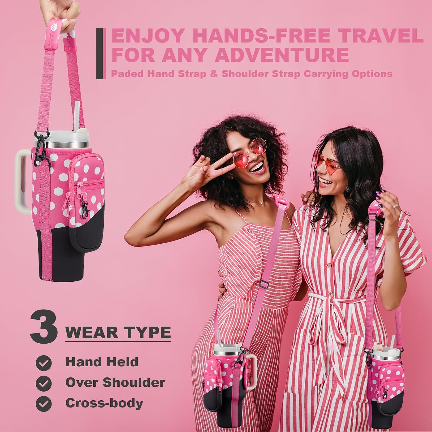 BULKITEM Water Bottle Carrier Bag with Phone Pocket for Stanley 40 & 30 oz Tumbler with Handle,Pink Insulated Neoprene Cup Holder Pouch w/Adjustable Strap for Quencher H2.0 Stanley Cup Accessories image 5