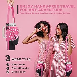 BULKITEM 30oz Water Bottle Carrier Bag with Phone Pocket for Pink Polka Dots Stanley 30 oz Tumbler with Handle, Insulated Neoprene Cup Holder Pouch Strap for Valentines Stanley Cup Accessories