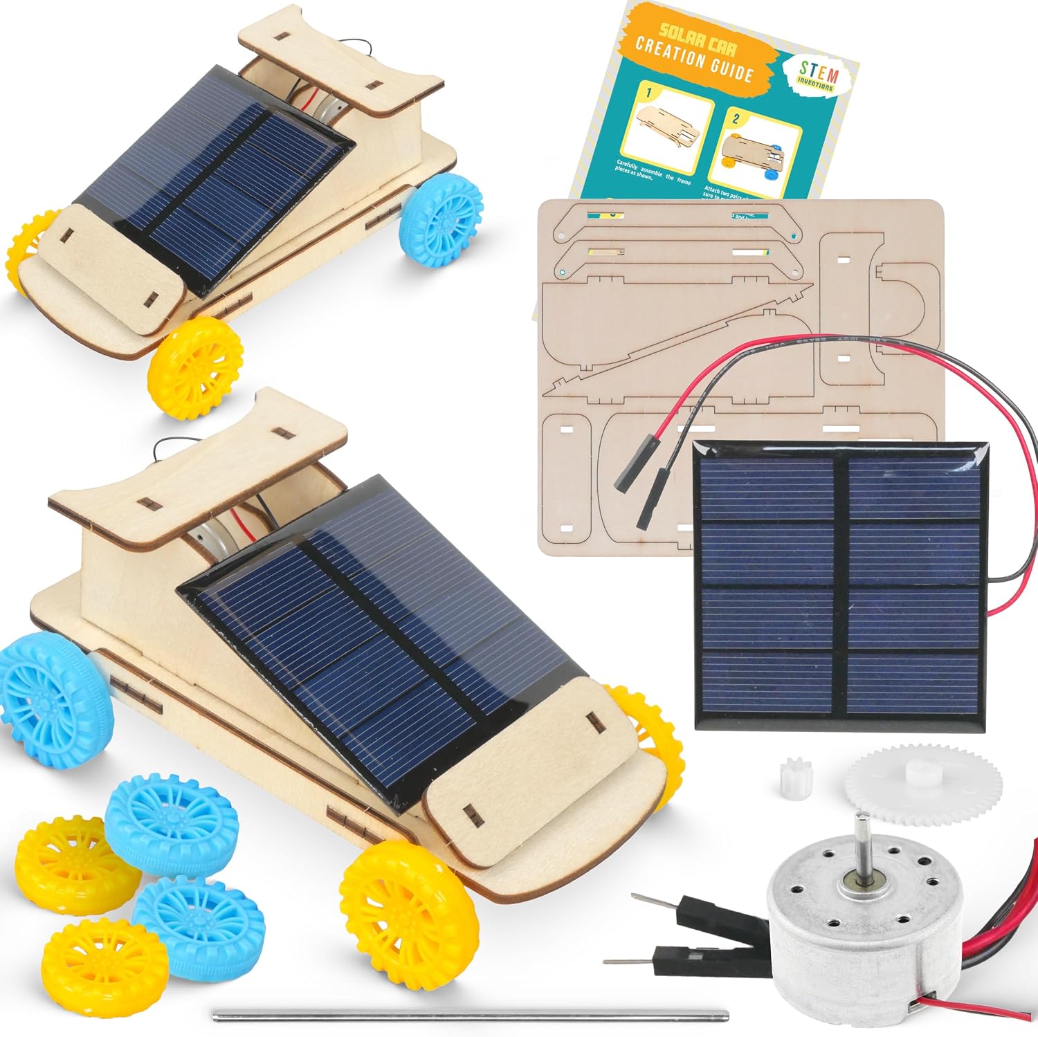 Solar Car Kit, 2-Pack - Build 2 Solar Powered Wooden STEM Cars | Builds 2 solar powered wooden cars, real solar cells drive the motor, no glue or soldering