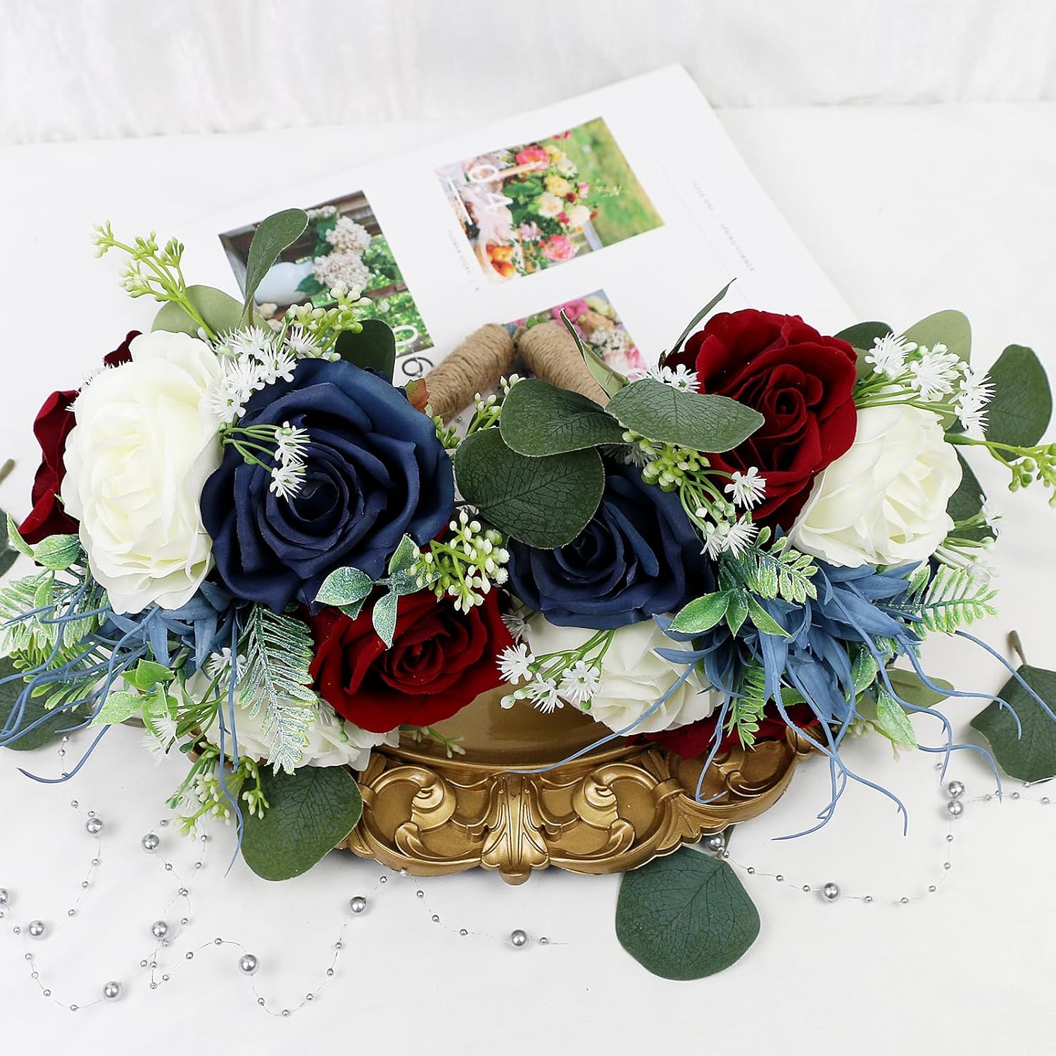 Set of 6 Bridesmaid Bouquets for Wedding - 7 Inch Artificial Flowers Bouquets for Ceremony Anniversary Centerpieces Decorations - Burgundy & Navy Blue & White - Image 5