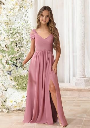 Junior Bridesmaid Dresses Chiffon Off Shoulder Flower Girl Dress Long Formal Pageant Gown for Teen Girls