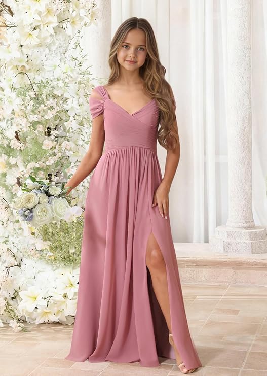 Junior Bridesmaid Dresses Chiffon Off Shoulder Flower Girl Dress Long Formal Pageant Gown for Teen Girls
