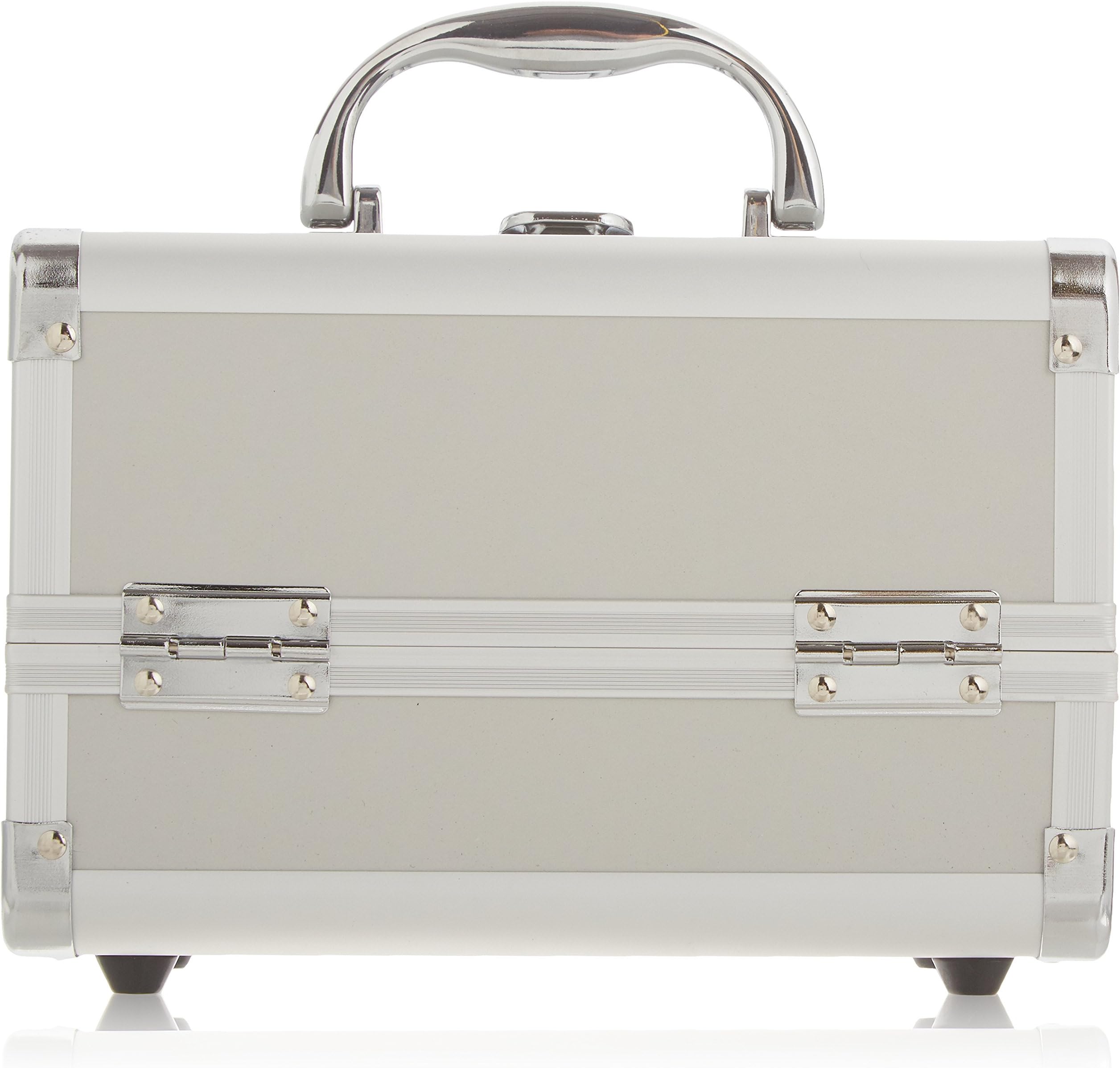Cosmetic Makeup Train Case with Mirror and Easy Clean Extendable Trays, Silver Smooth, 8 Count