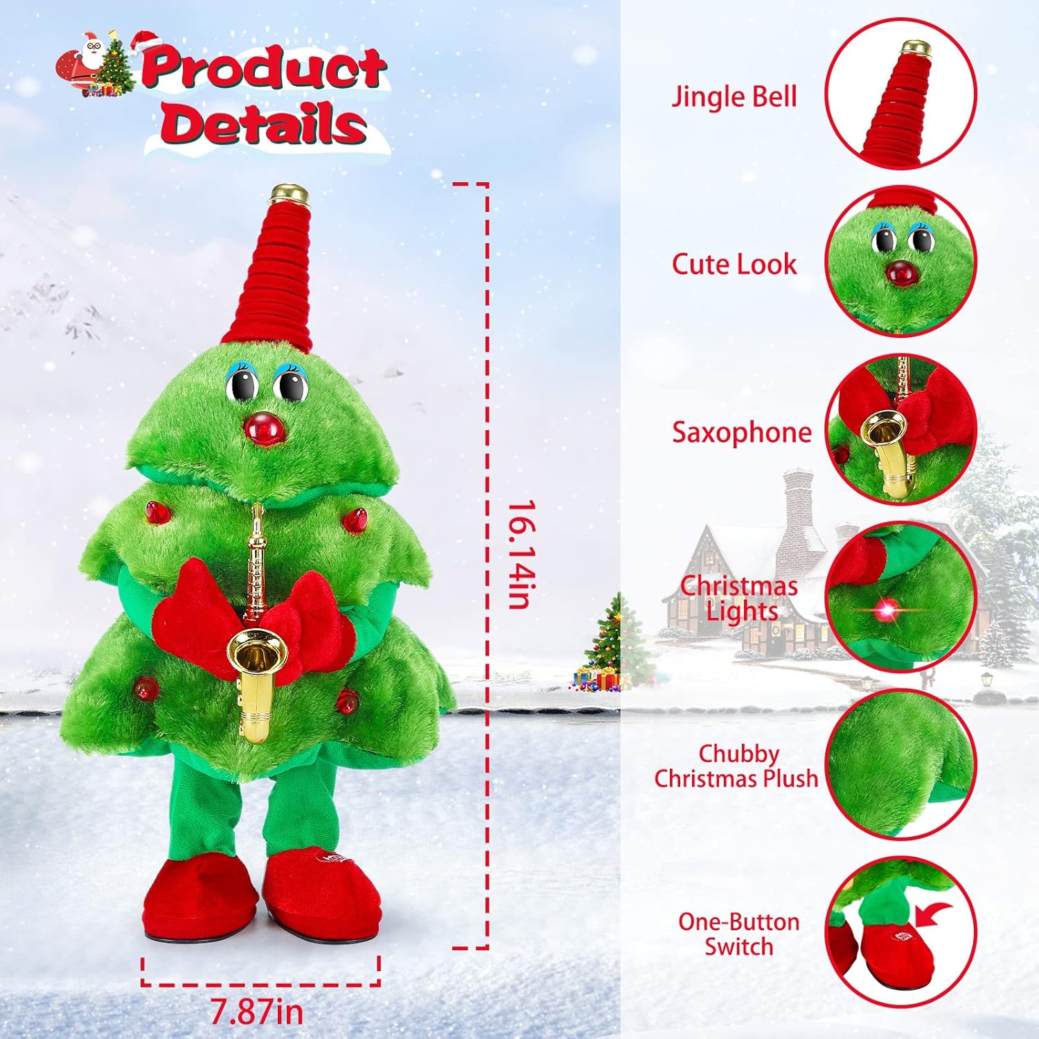 Singing Dancing Christmas Tree Plush Toys with Lights & 8 Music Christmas Carols for Saxophone & Repeat What You Say Christmas Tree Decor Table Party Toy Gifts for Family Friends Kids Boys Girls